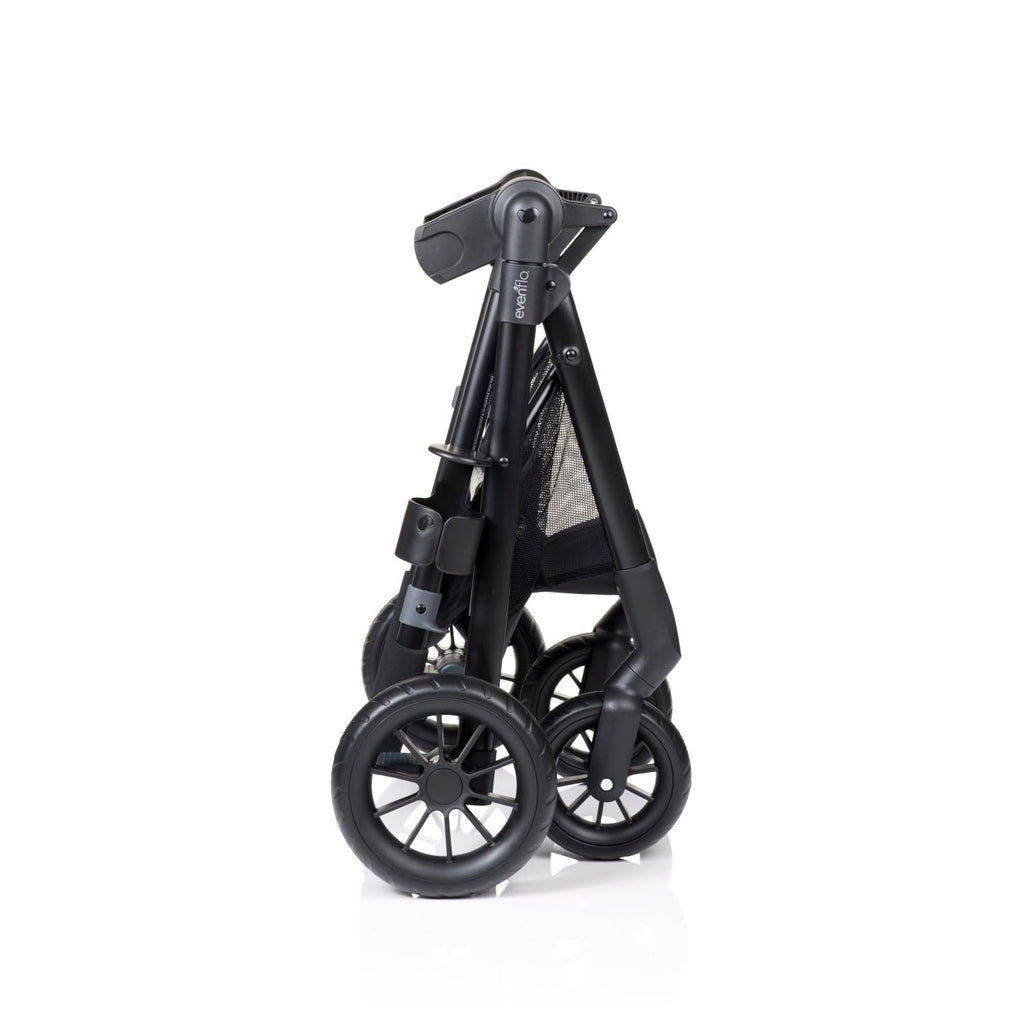 Evenflo Pivot Modular Travel System with LiteMax Preemie and Infant Car Seat in casual gray, showing the stroller and car seat together.