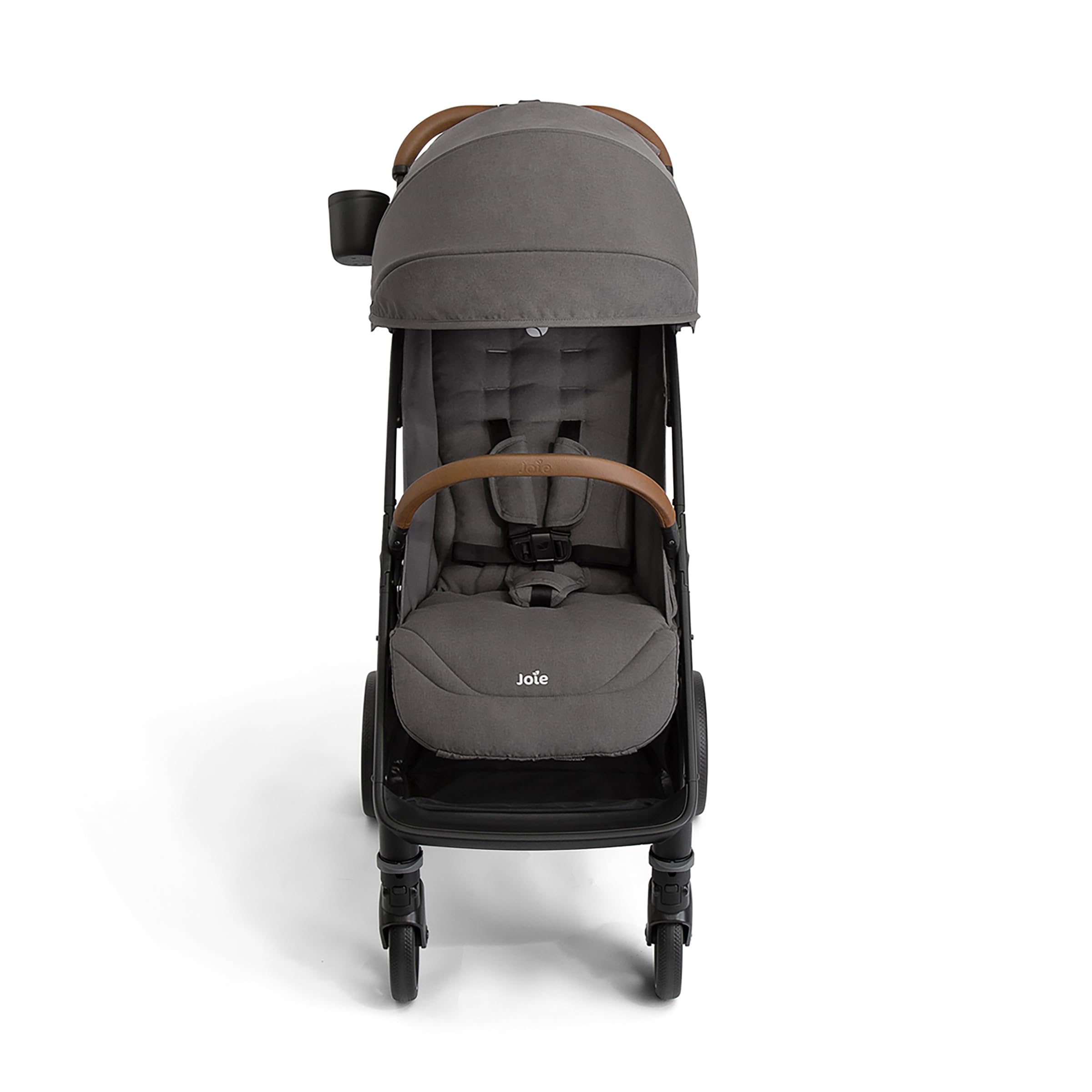 Joie Nutmeg compact lightweight stroller in shale color, featuring one-hand fold and ergonomic design.