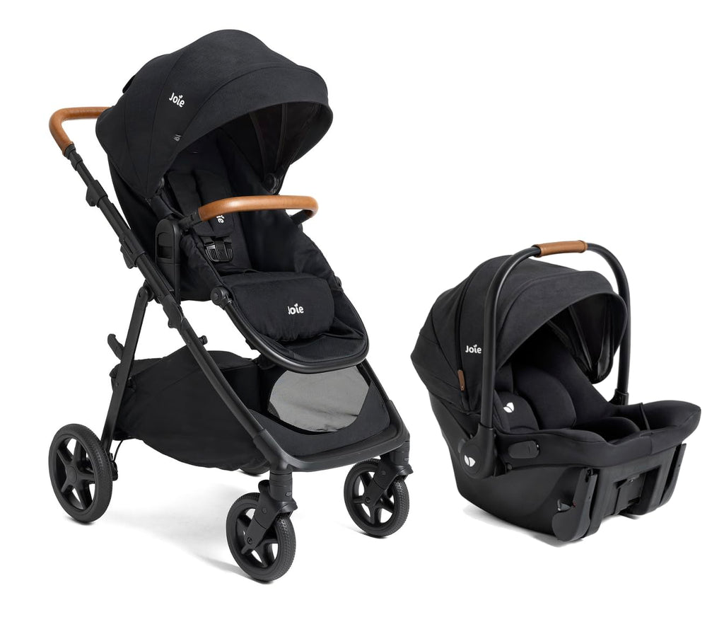 Joie Ginger and Mint 4-in-1 travel system with infant car seat, stroller, and all-terrain wheels in shale dark, built-in Latch system