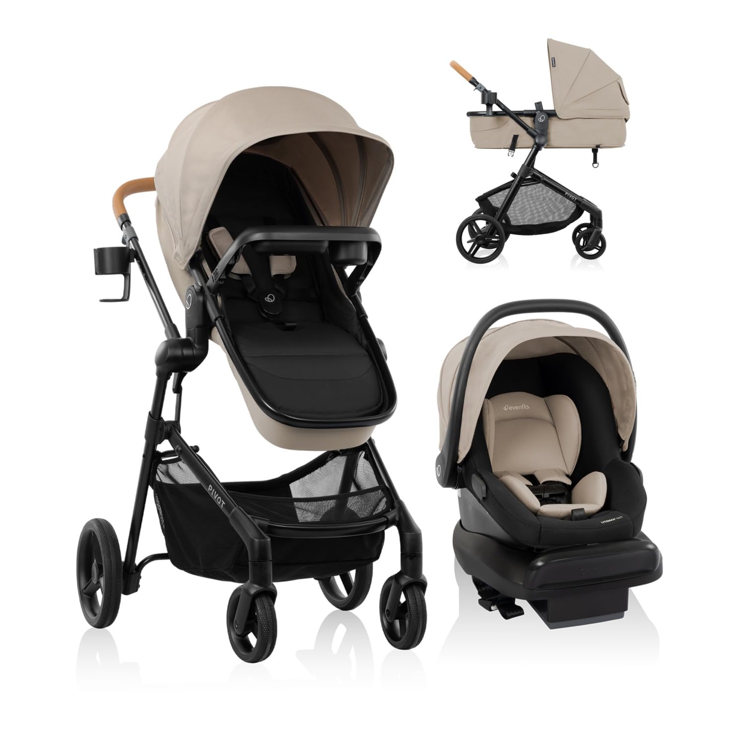 Evenflo Pivot NXT travel system with LiteMax NXT infant car seat in Latte Tan, stroller with car seat attached for infants.
