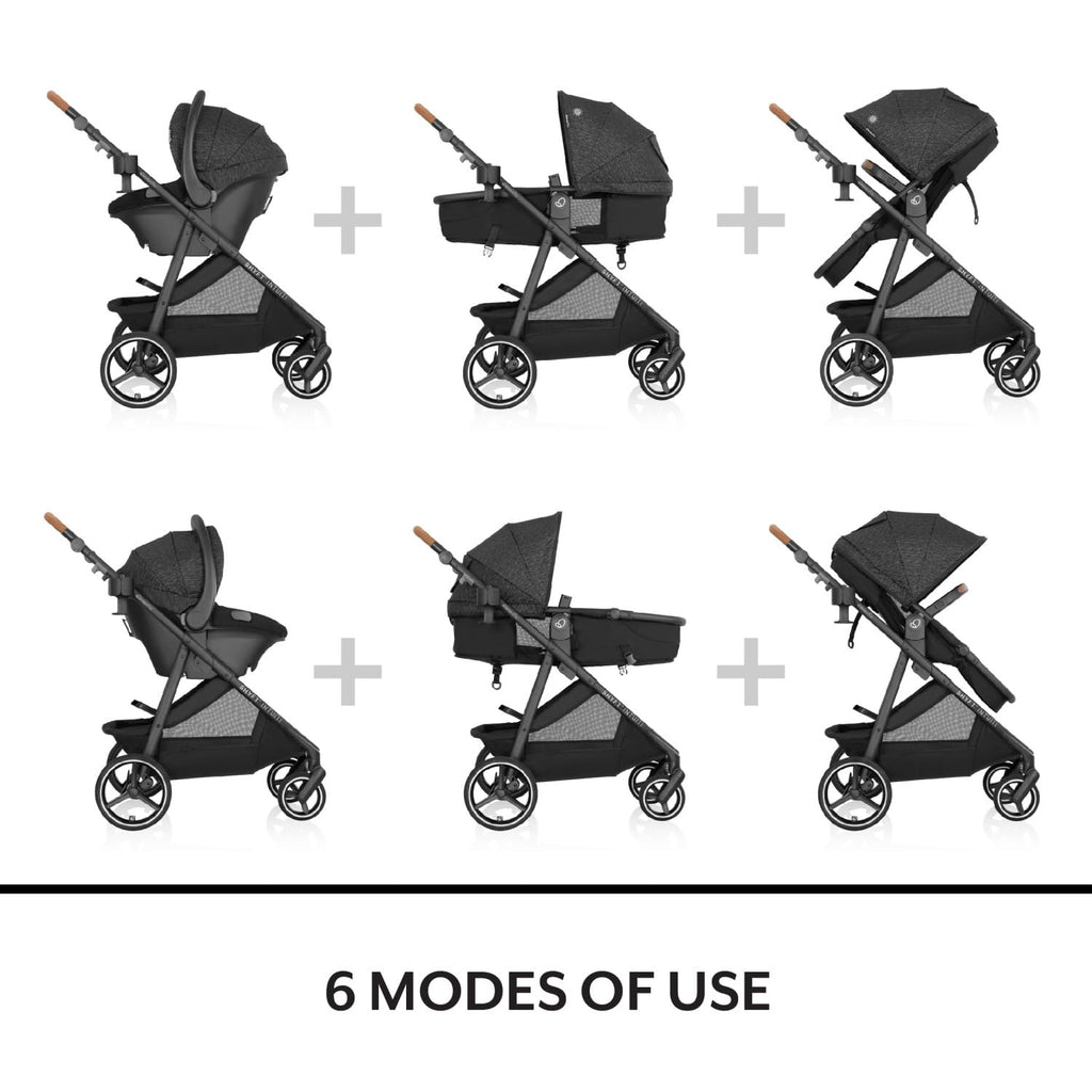 Evenflo Shyft Intuiti travel system with Revolve180 LiteMax NXT infant car seat in Fossil Gray, lightweight and suitable for preemies to 30 lbs.
