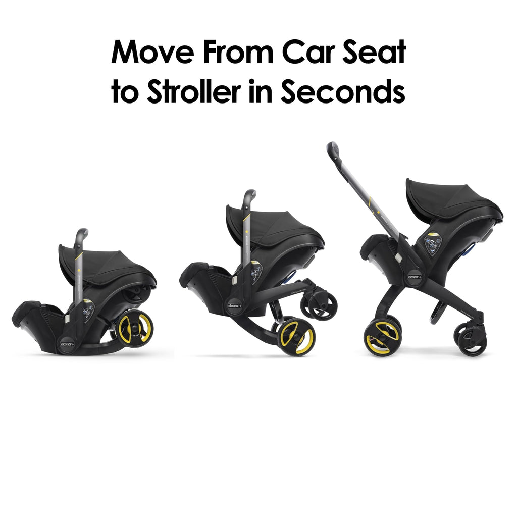 Doona all-in-one travel system with slate green car seat and stroller, compact design and adjustable features for easy travel.