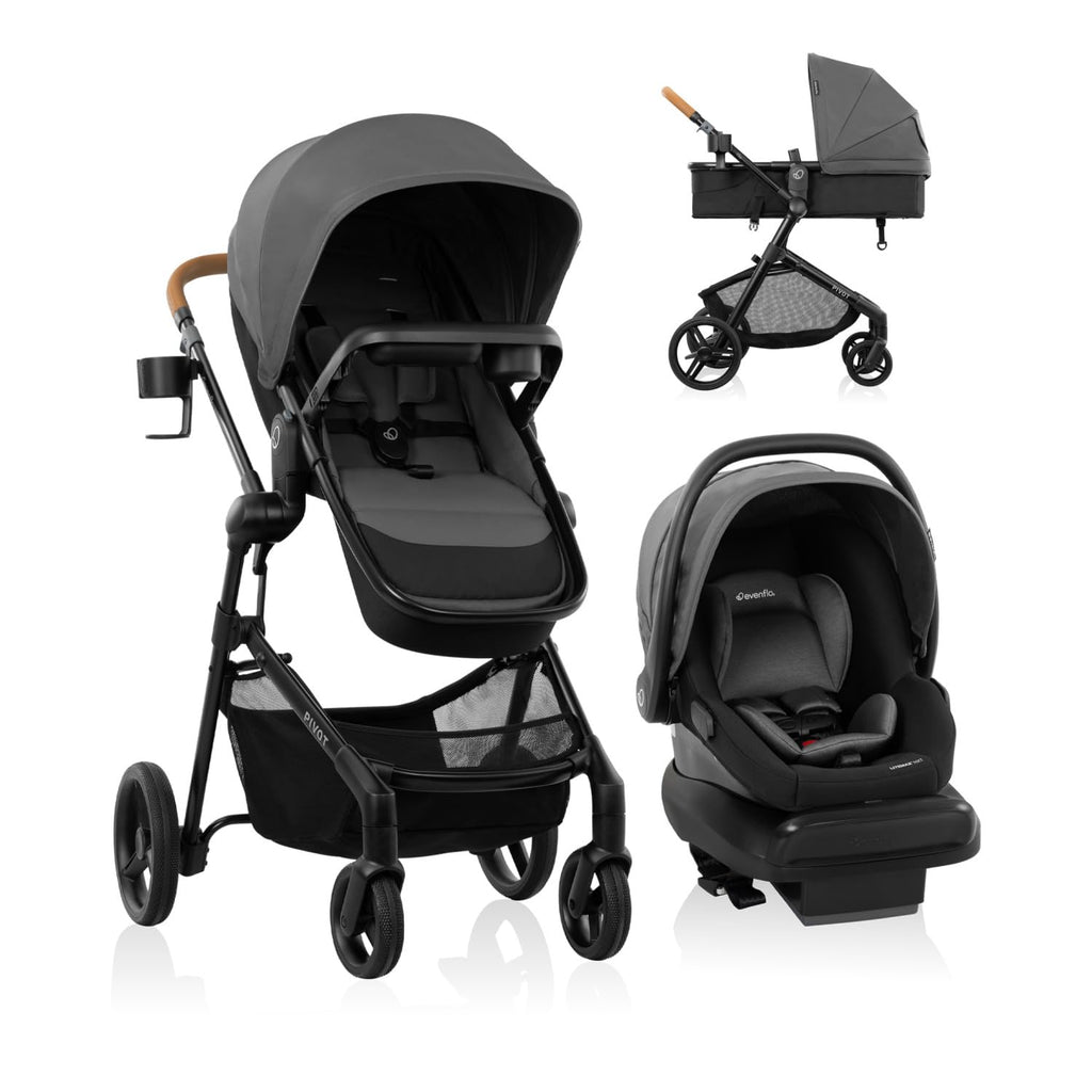 Evenflo Pivot NXT travel system with LiteMax NXT infant car seat in Latte Tan, featuring stroller frame and car seat attachment