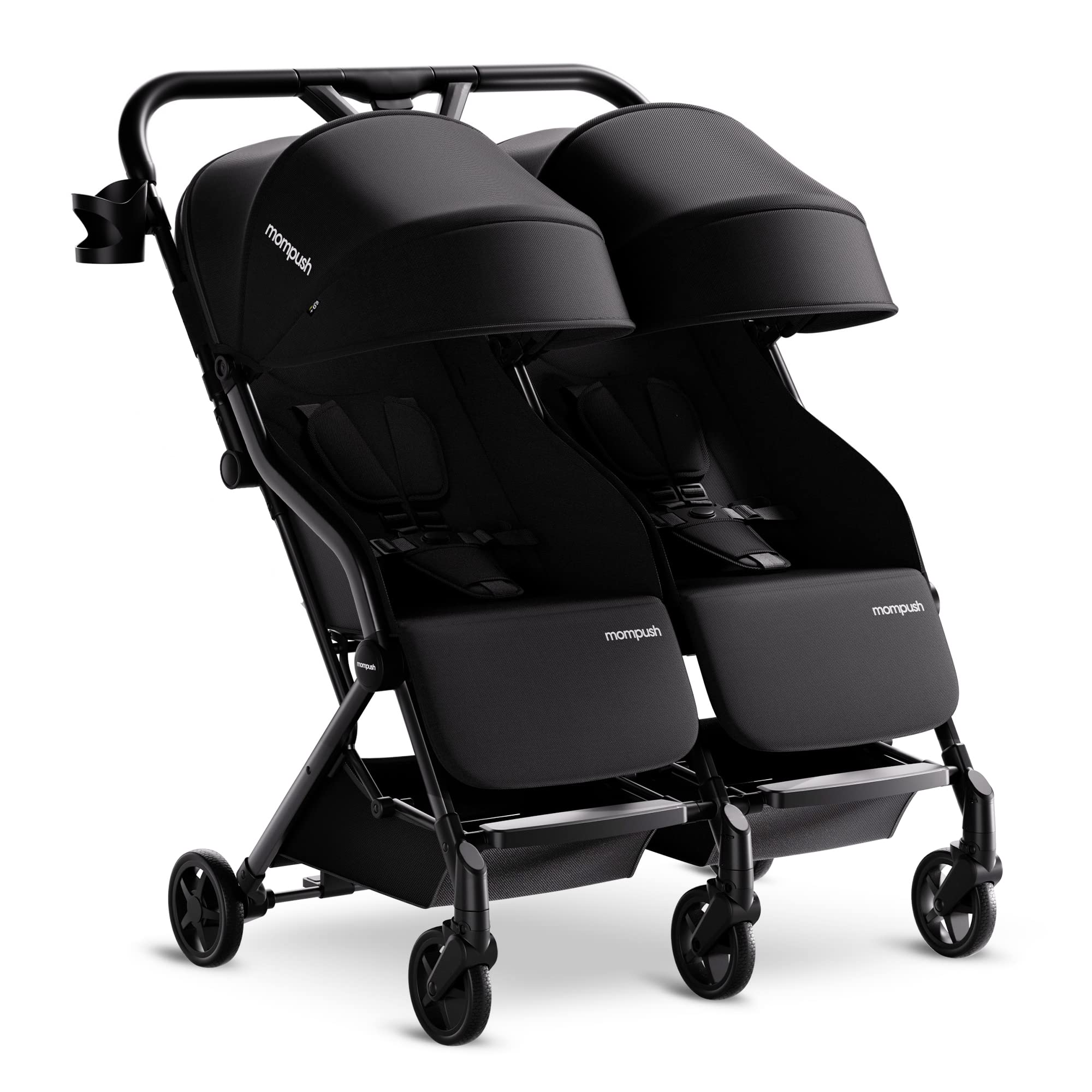 Mompush Lithe double stroller with spacious seats, recline, lightweight frame, easy fold, and UPF50+ canopy for newborns and toddlers.