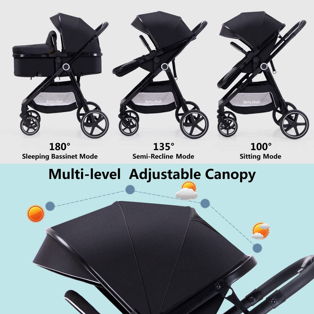 Lortsybab 2-in-1 beige baby stroller with reversible seat, suitable for infants and toddlers up to 36 months, foldable design