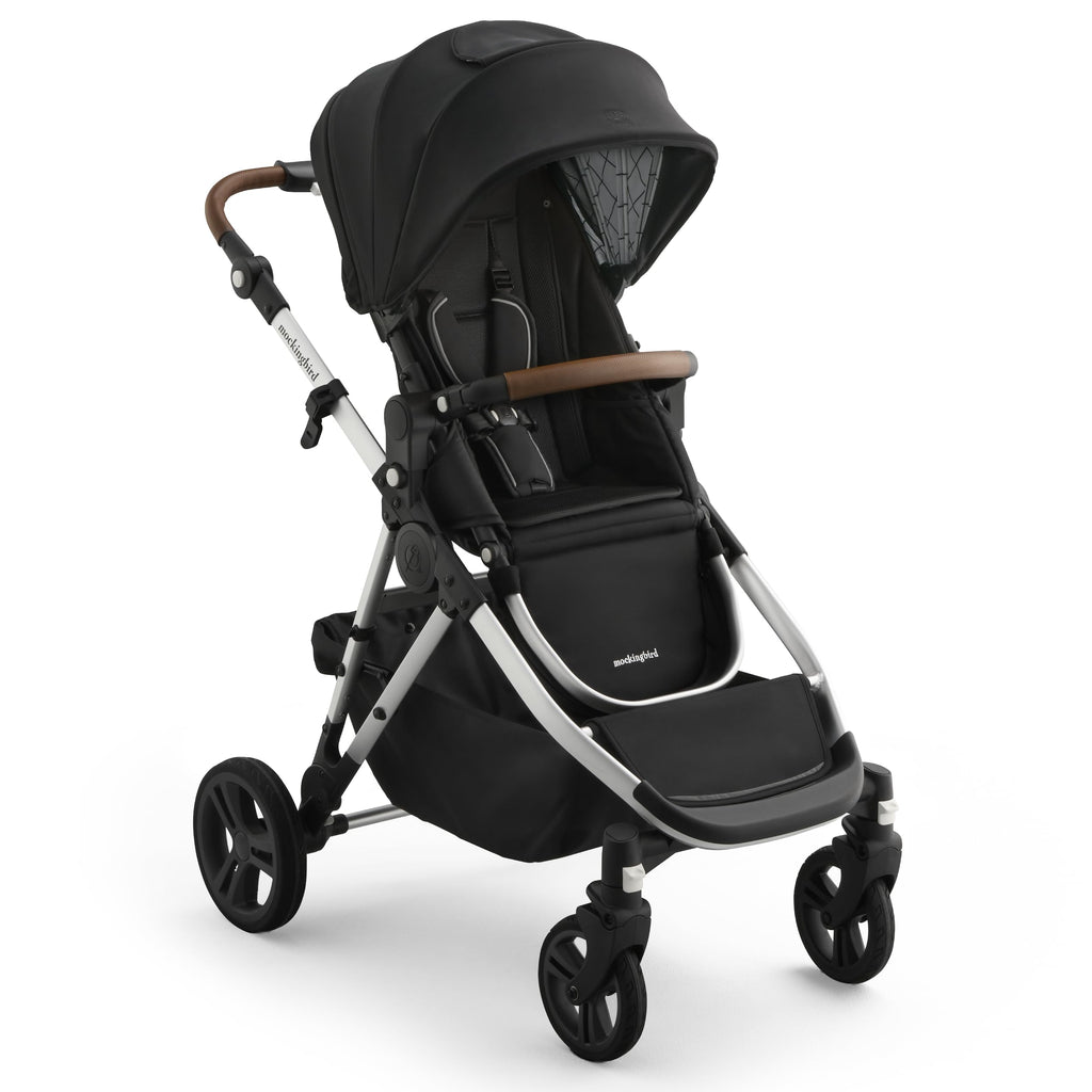 Mockingbird Single-to-Double Stroller 3.0 in black windowpane with two seats, showing versatile convertible design for one or multiple children
