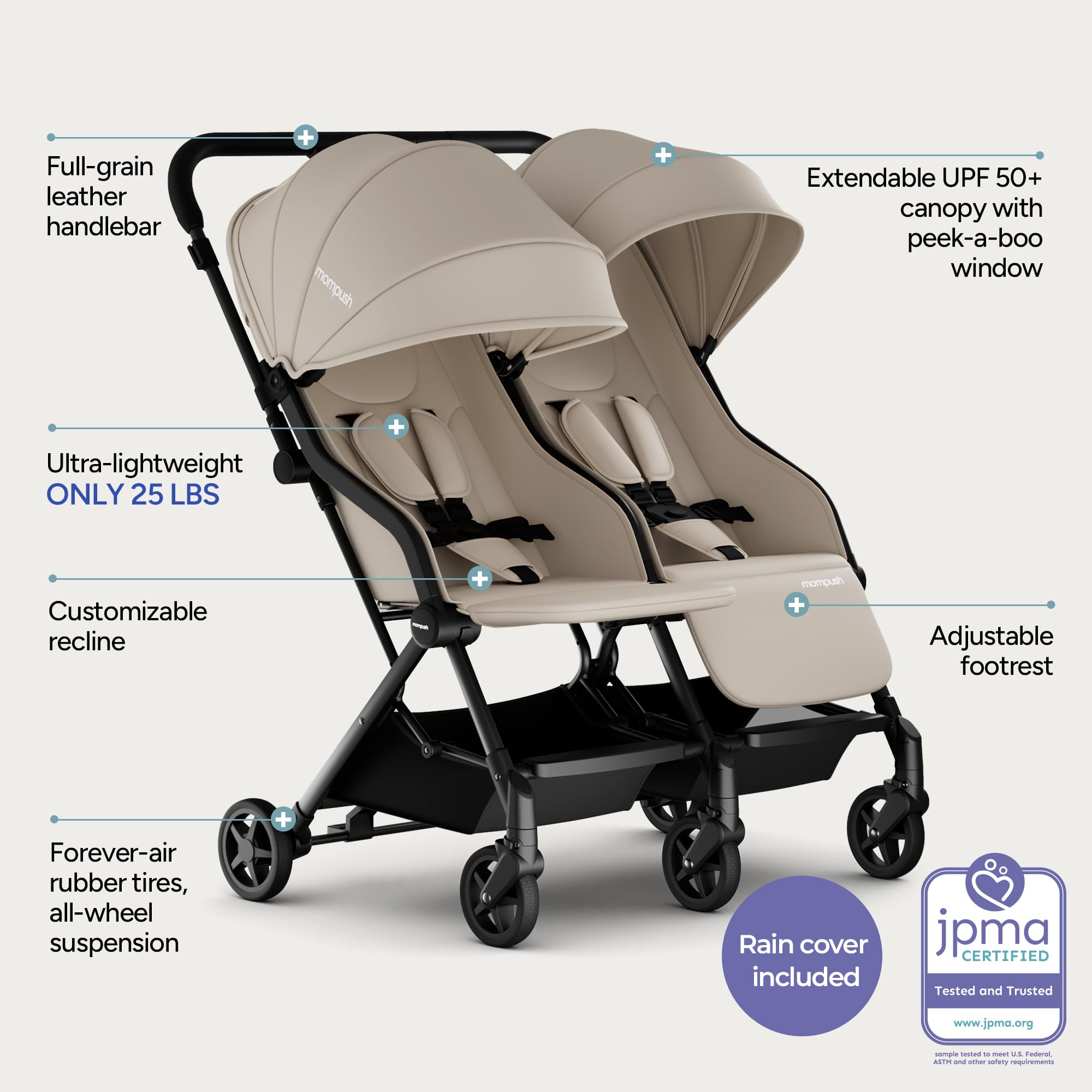 Mompush Lithe double stroller with lightweight design, spacious seats, recline, easy fold, and UPF50+ canopy for newborns and toddlers.