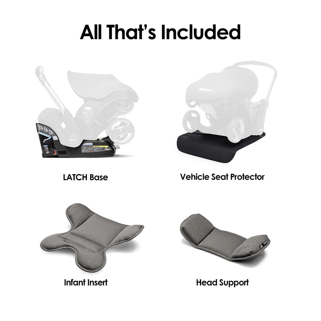 Slate green Doona all-in-one car seat and stroller by My Store, showing the compact travel system with safety harness and wheels.
