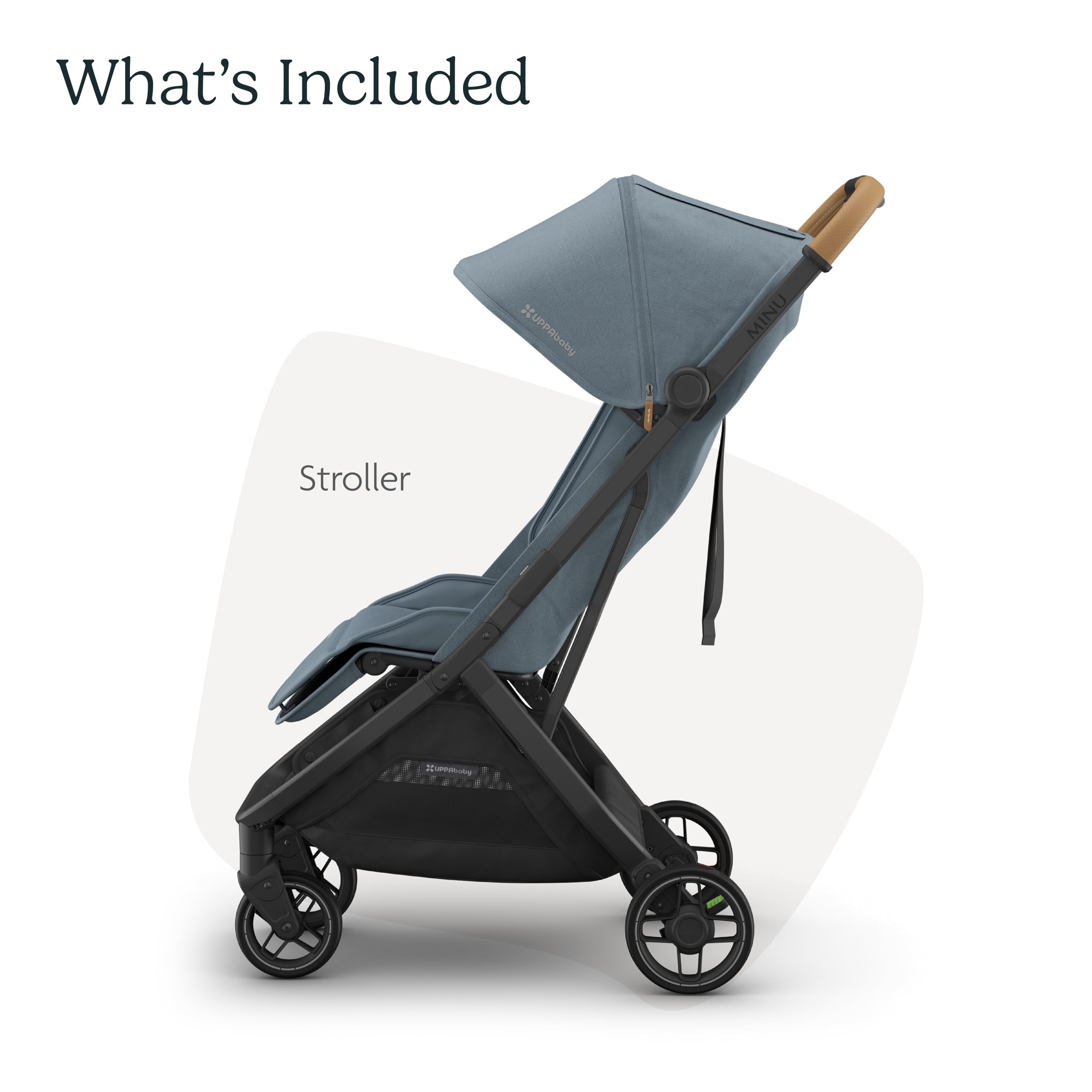UPPAbaby Minu V3 travel stroller in greyson with charcoal frame and saddle leather, featuring lightweight, compact design, one-hand fold