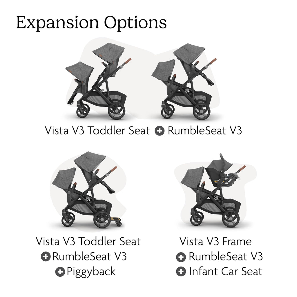 UPPAbaby RumbleSeat V3 second lower seat in Declan oatmeal with silver frame and chestnut leather, showing all-weather design and magnetic buckle.