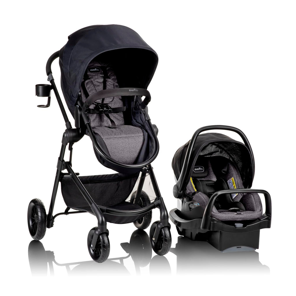 Evenflo Pivot Modular Travel System with LiteMax Preemie and Infant Car Seat in casual gray, showing the stroller and car seat together.