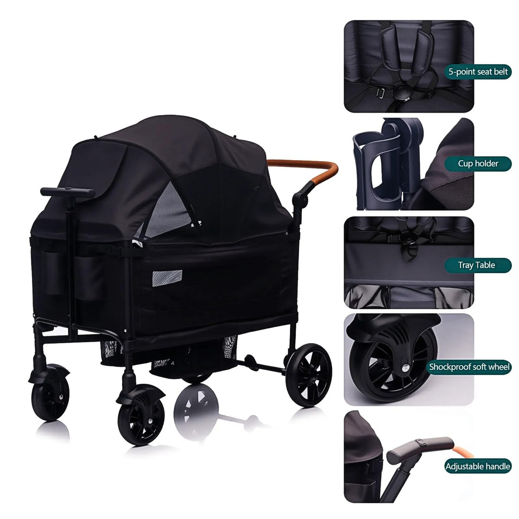 Lightweight luxury wagon stroller for 2 kids with adjustable handle, canopy, tray, and cup holder, suitable for newborns and toddlers.