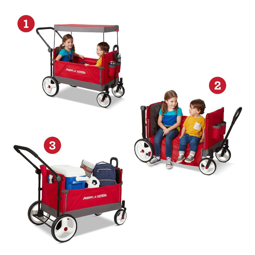 Red Radio Flyer wagon for kids with wheels, convertible stroller and rolling cart, suitable for toddlers ages 1+ outdoors.