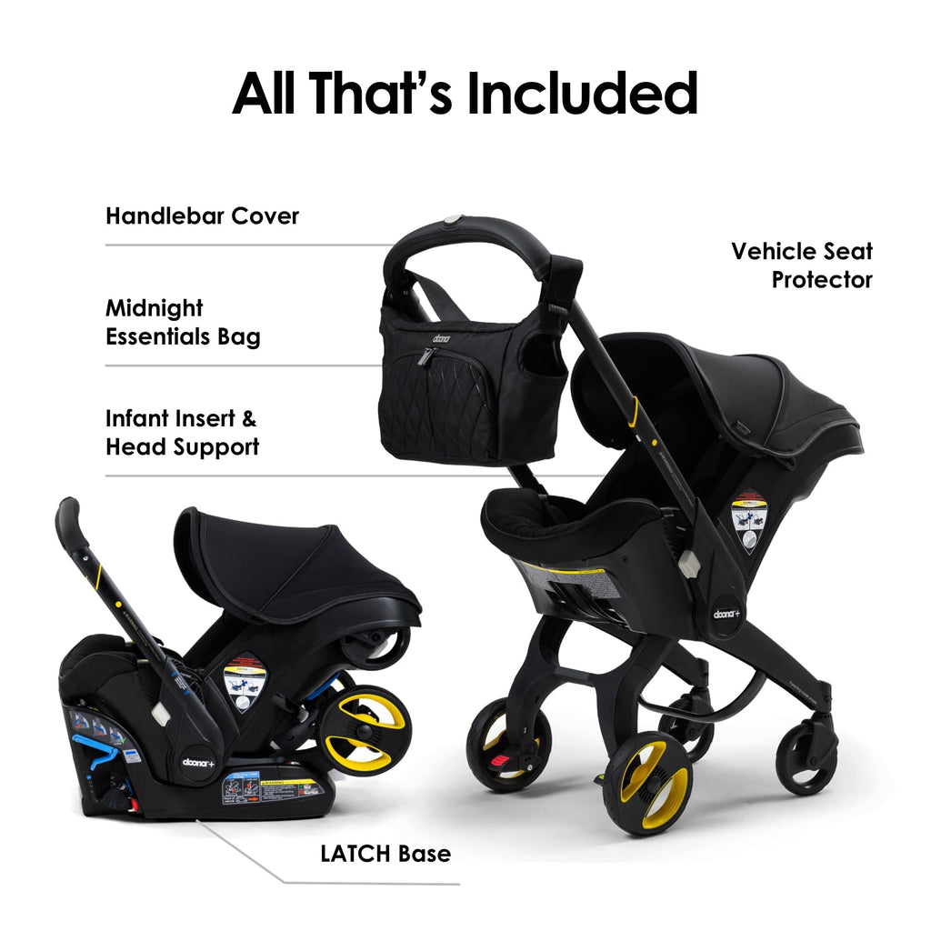 Doona all-in-one travel system with slate green car seat and stroller, showing the compact, foldable design for easy travel.
