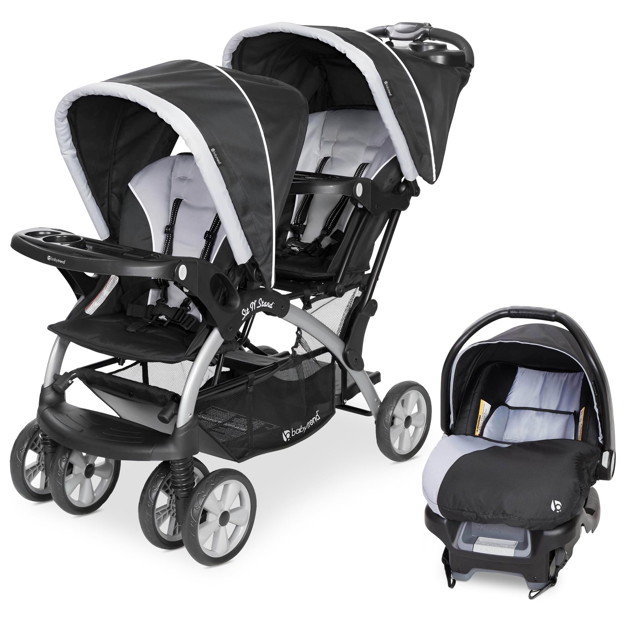 Baby Trend infant and toddler double stroller with car seat, lightweight Stormy travel system tandem for babies and toddlers.