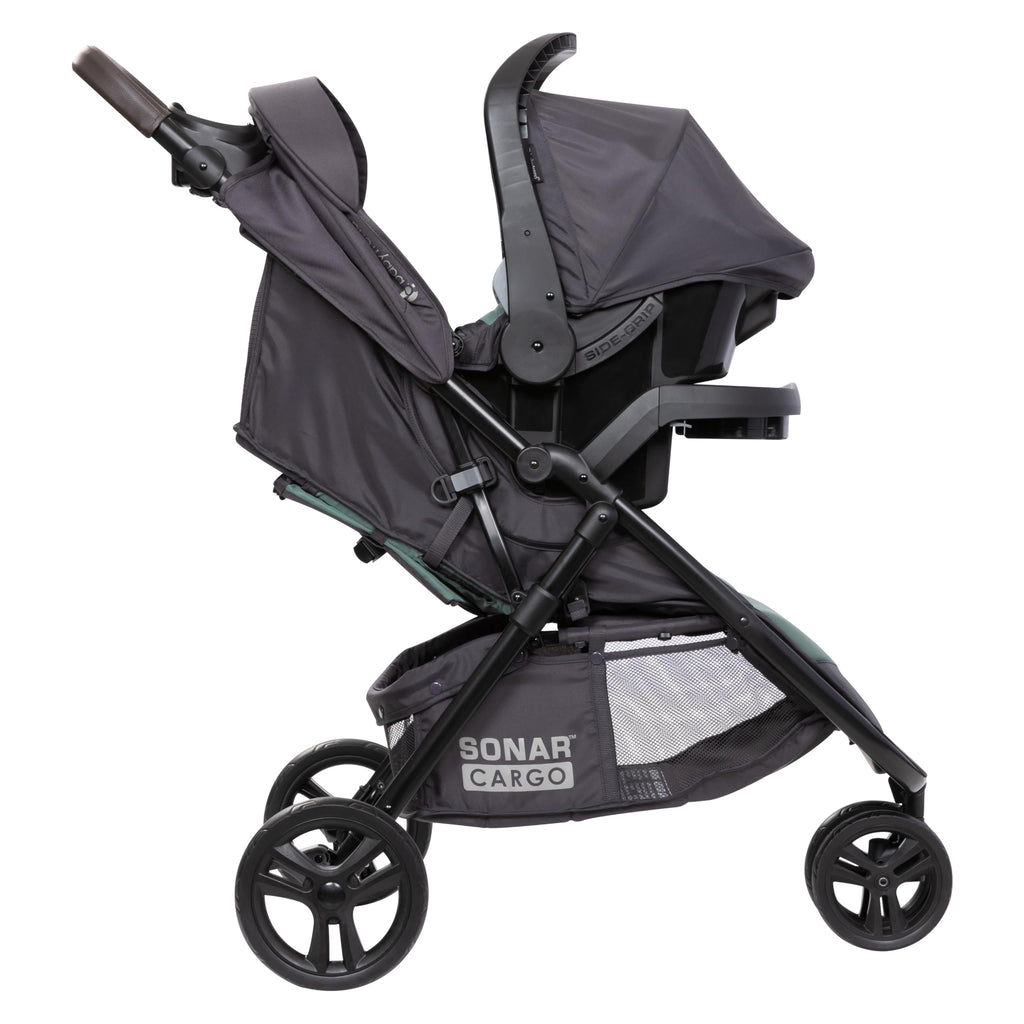 Pink Bamboo Baby Trend Passport cargo stroller travel system with EZ-Lift Plus infant car seat, featuring a pink fabric design.