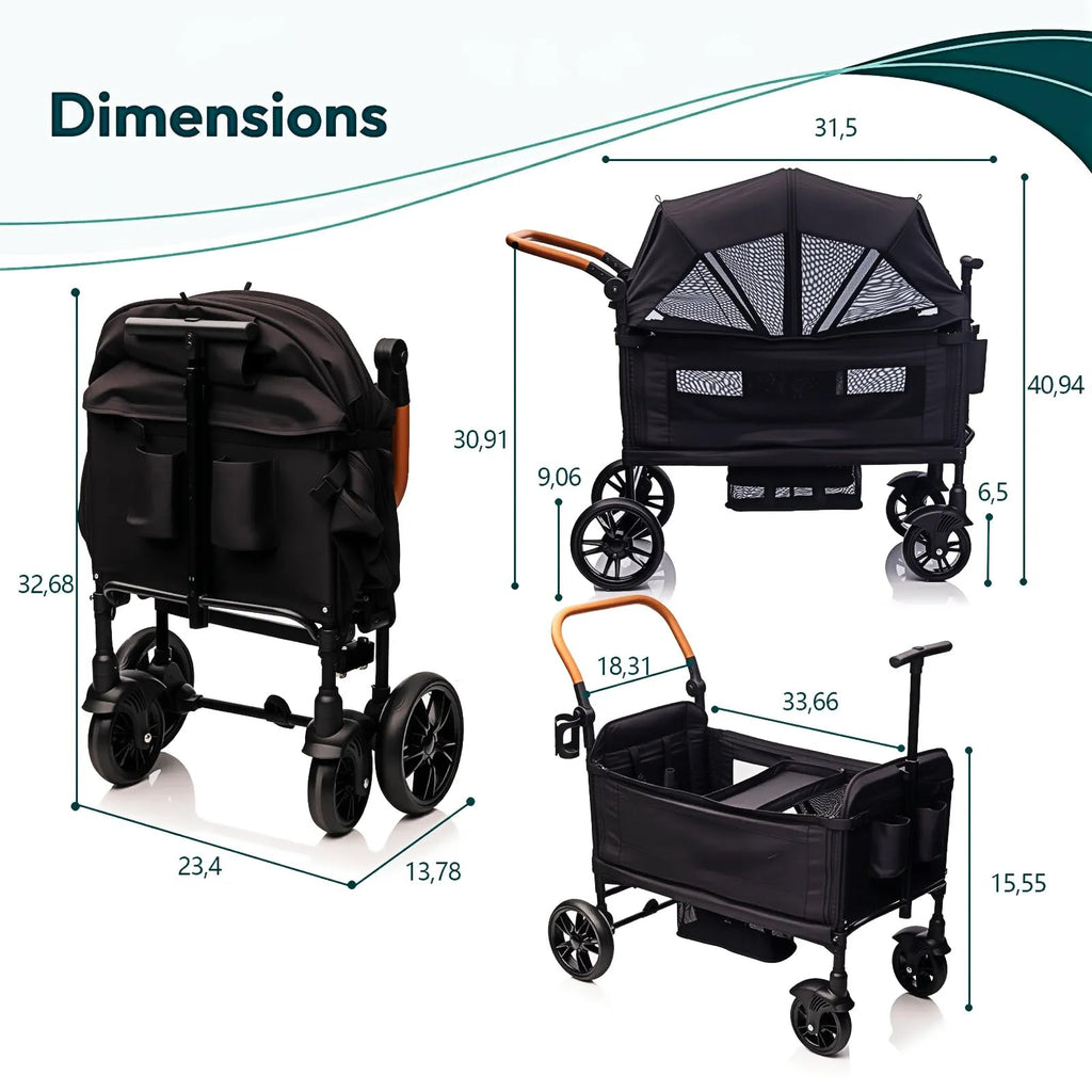 Lightweight foldable double wagon stroller for kids and cargo by My Store, with canopy, 5-point harness, adjustable handle, and cup holder.