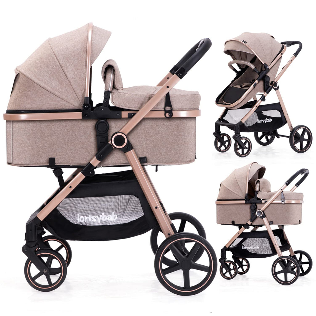 Lortsybab 2-in-1 baby stroller with reversible seat, beige folding infant pram for newborns and toddlers 0-36 months.