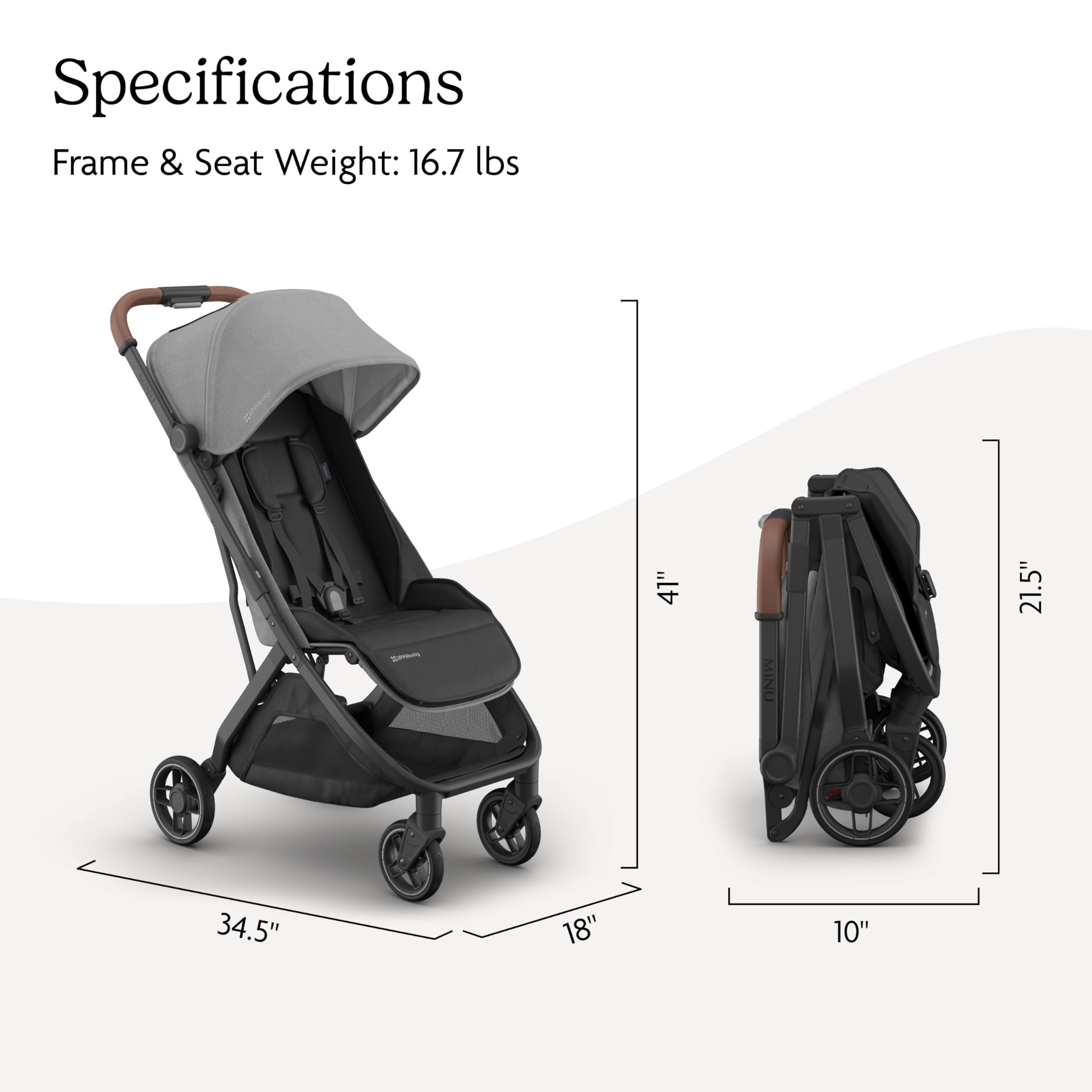 UPPAbaby Minu V3 travel stroller in greyson with charcoal frame and saddle leather, showing lightweight, compact design and one-hand fold.