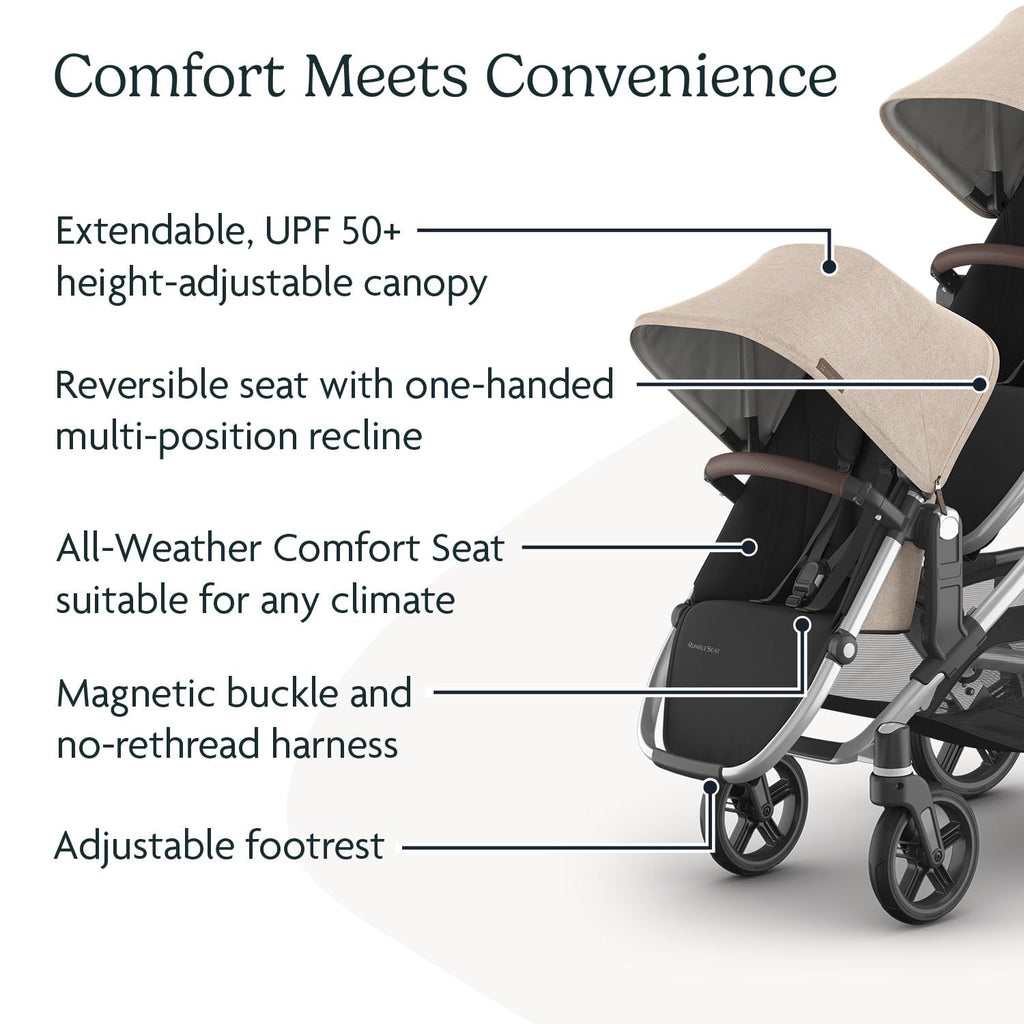 UPPAbaby RumbleSeat V3 second lower seat in Declan color, all-weather design with magnetic buckle and adapters for Vista stroller.