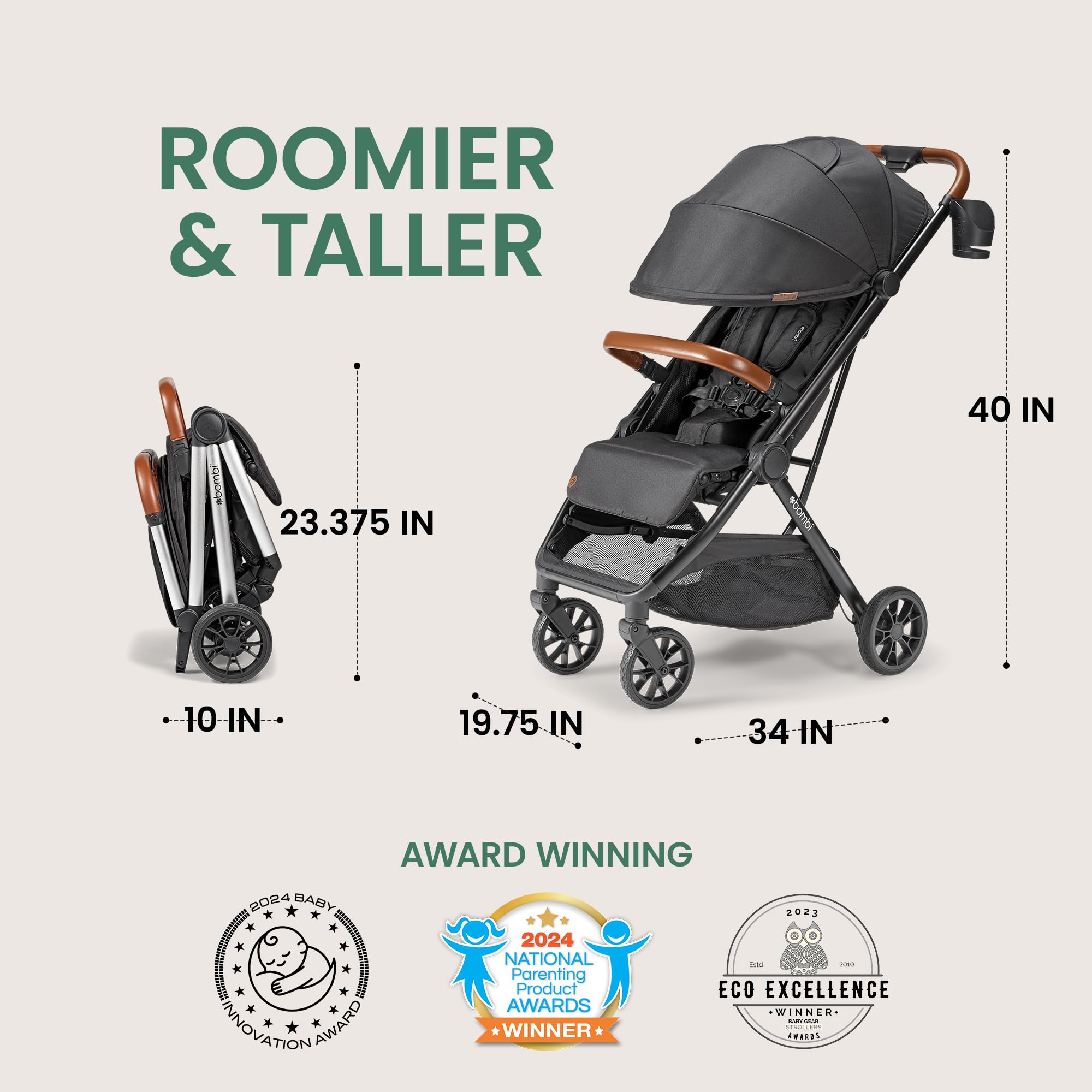 Lightweight Bombi Bēbee V2 baby stroller with vegan leather, one-hand fold, infinite recline, aircraft-grade frame, and XXL canopy.