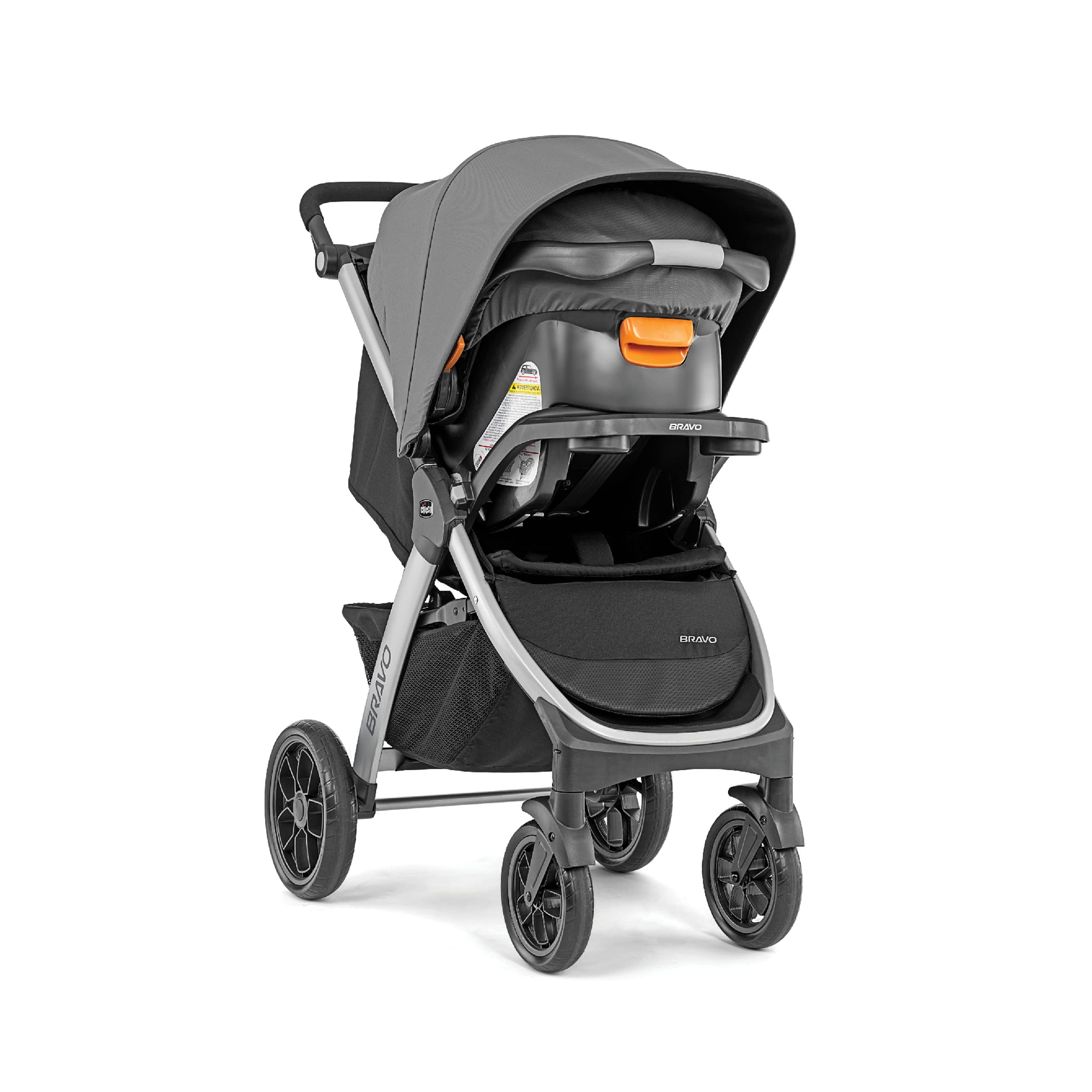 Chicco Bravo 3-in-1 travel system with quick-fold stroller, KeyFit 30 infant car seat, and base in Camden/Black color.