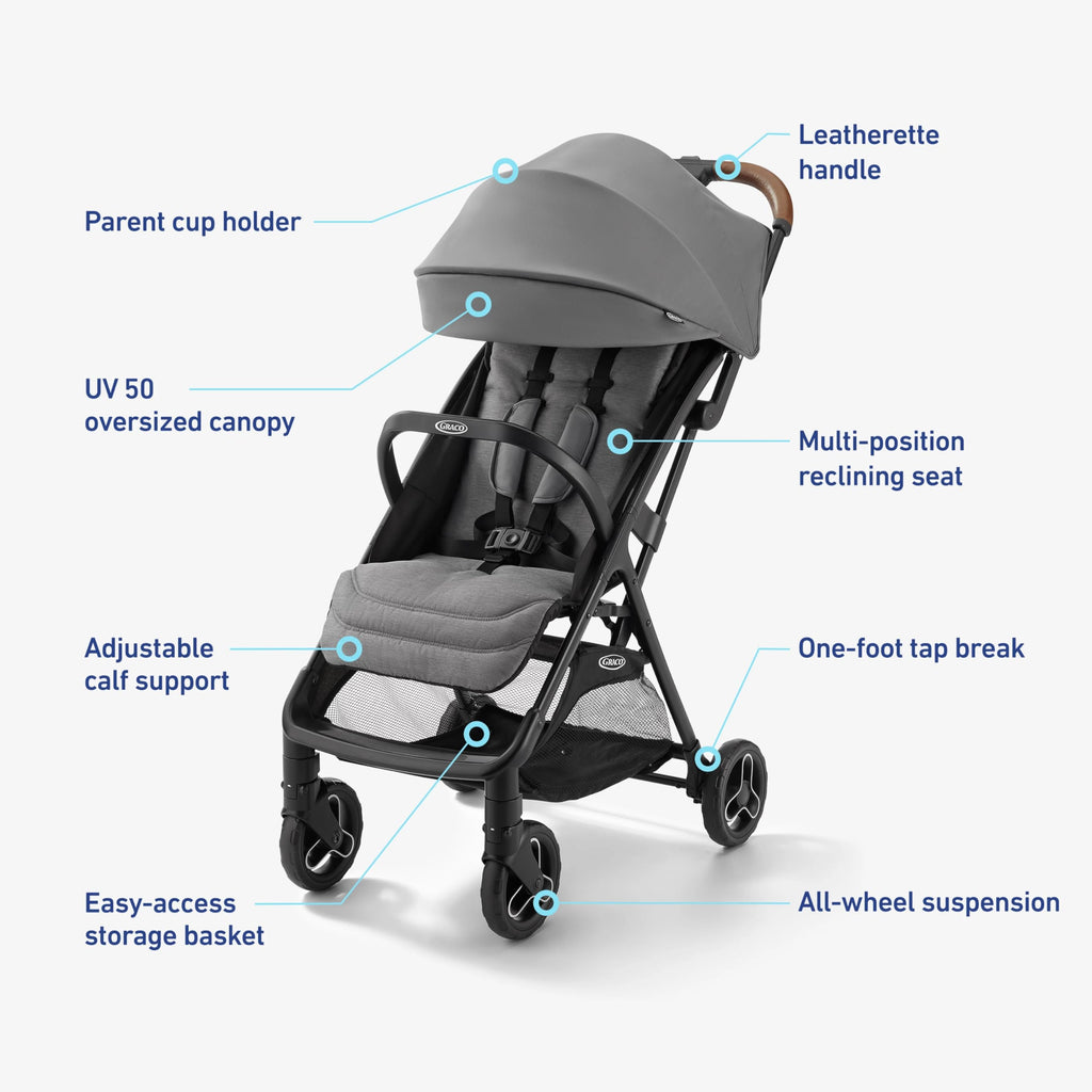 Graco Ready2Jet compact travel stroller with automatic fold, overhead-friendly design, in Kingston color, displayed outdoors