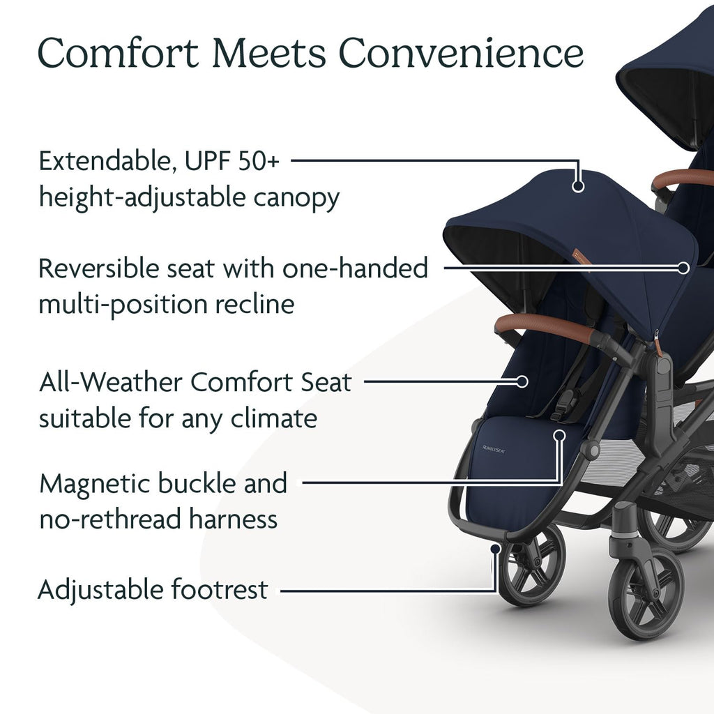 UPPAbaby RumbleSeat V3 second lower seat for Vista V2/V3 in Declan Oat Mélange with silver frame and chestnut leather, shown with adapters.
