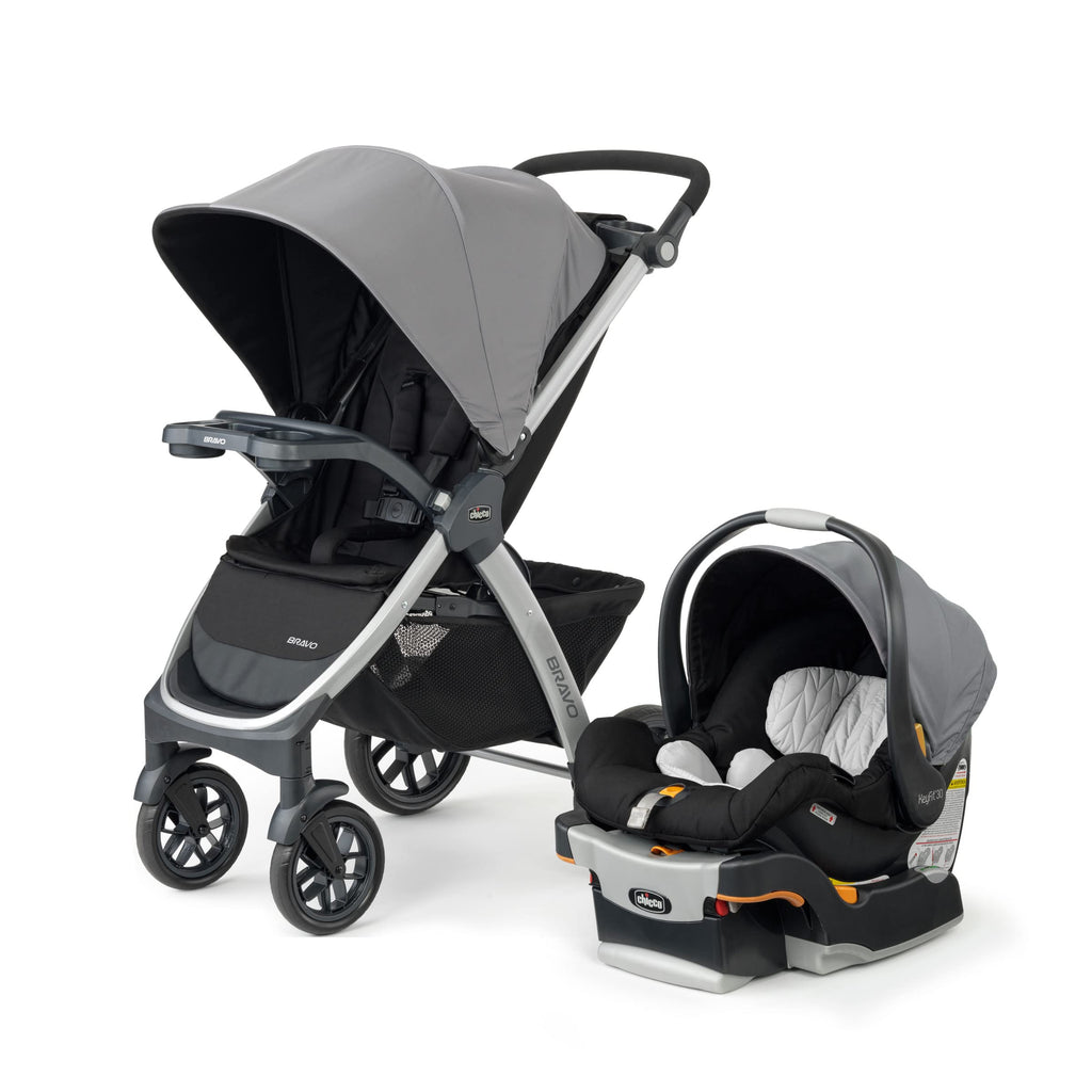 Chicco Bravo 3-in-1 travel system with black stroller, KeyFit 30 infant car seat and base, compact quick-fold design, Camden color
