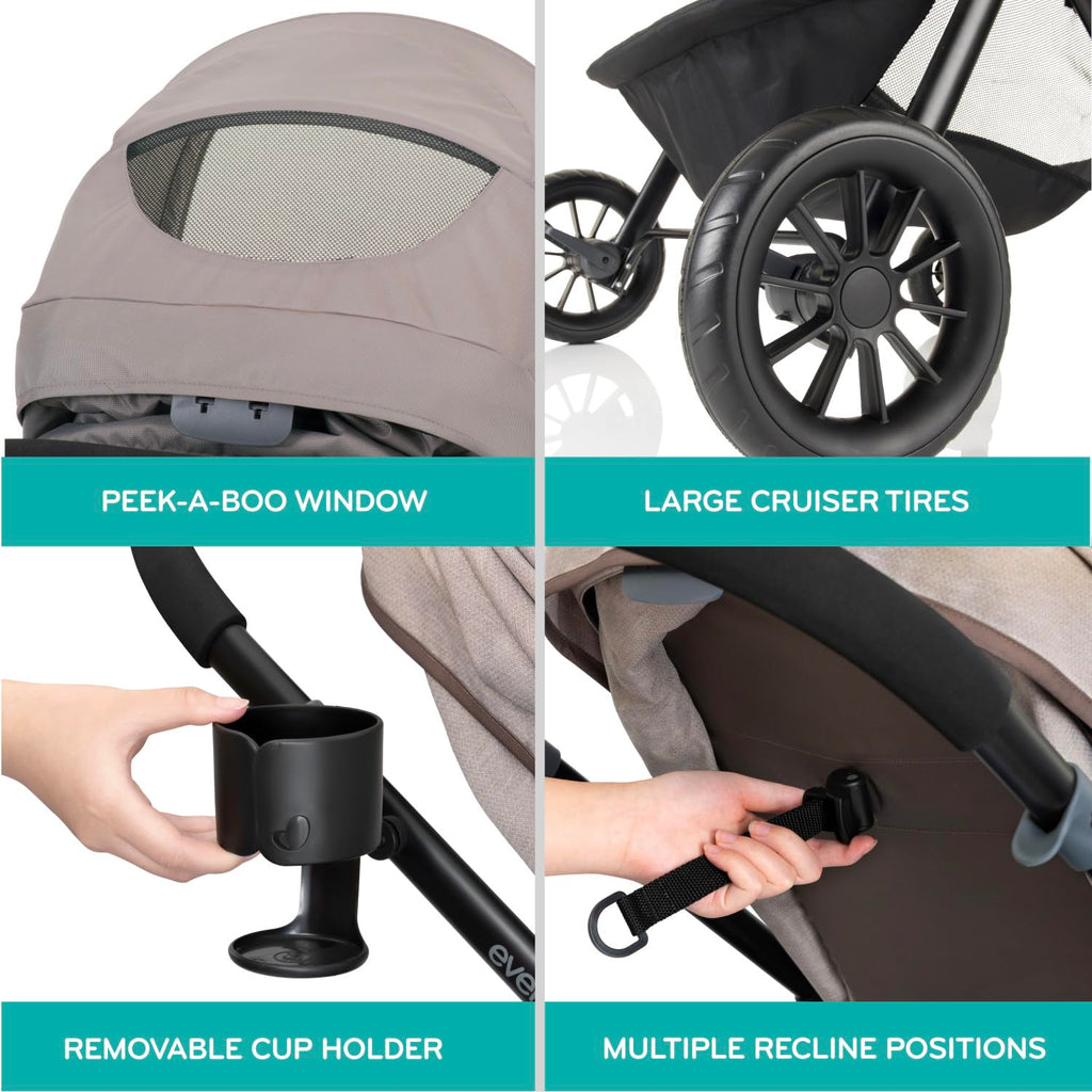 Gray Evenflo Pivot Modular Travel System with LiteMax Preemie and Infant Car Seat, featuring stroller and car seat components.