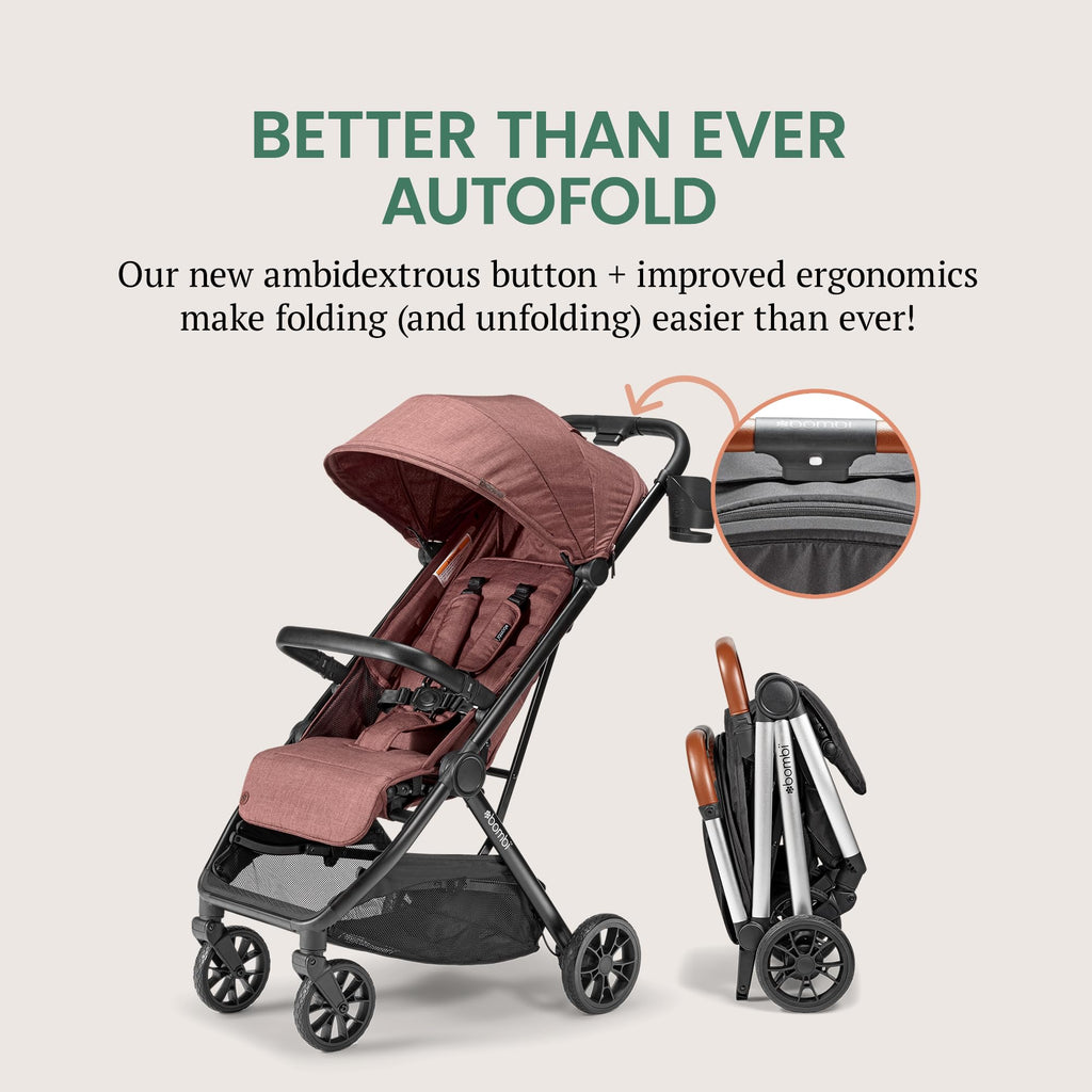 Lightweight Bombi Bēbee V2 baby stroller with vegan leather, one-hand fold, infinite recline, aircraft-grade aluminum frame, and XXL canopy