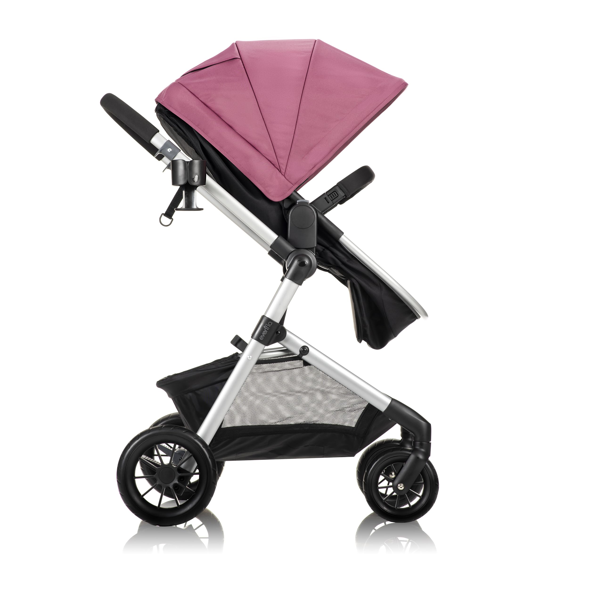 Casual Gray Evenflo Pivot Modular Travel System with LiteMax Preemie and Infant Car Seat, showing stroller and car seat attached
