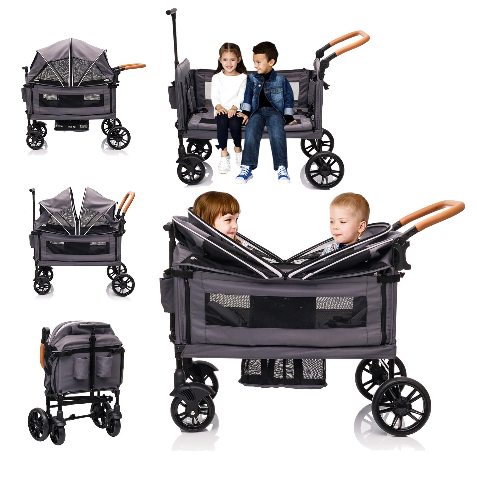 Lightweight double wagon stroller for two kids and cargo, with canopy, tray, cup holder, adjustable handle, and 5-point harness.