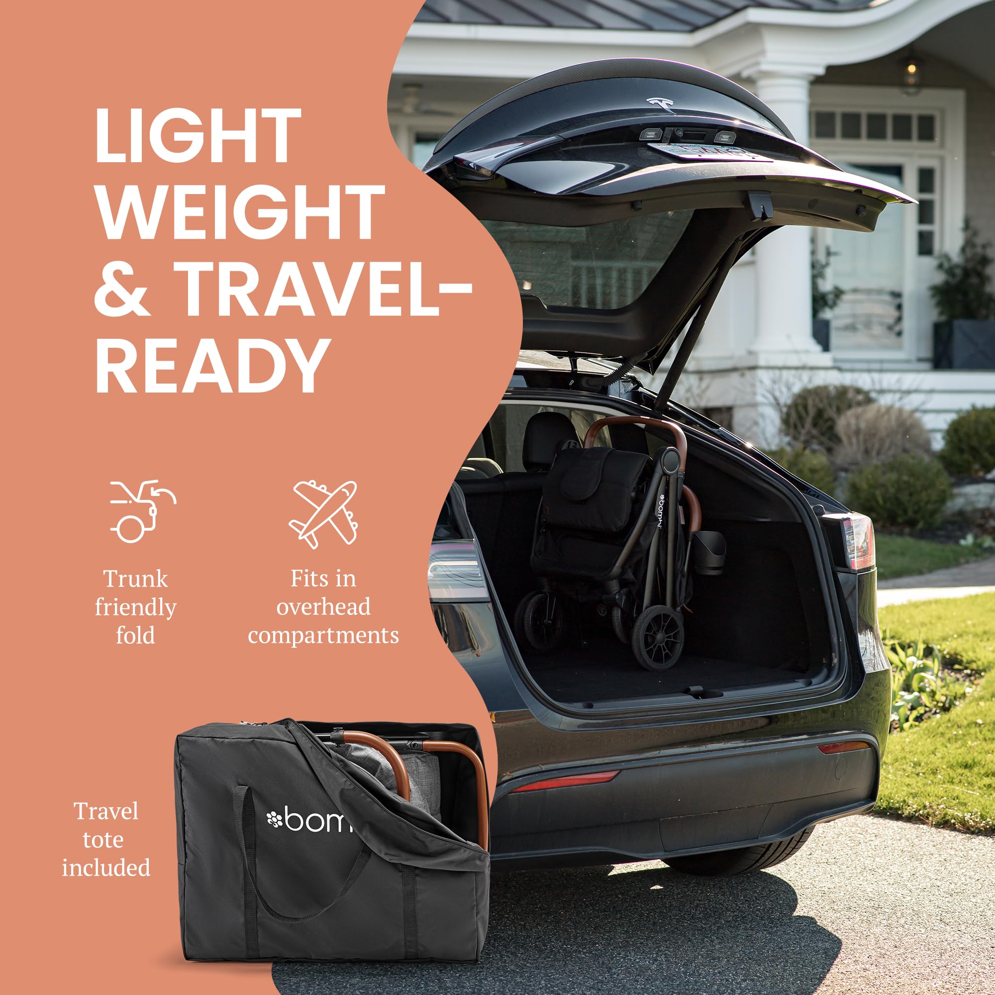 Bombi Bēbee V2 lightweight baby stroller with vegan leather, one-hand fold, infinite recline, aluminum frame, XXL canopy, and ample storage