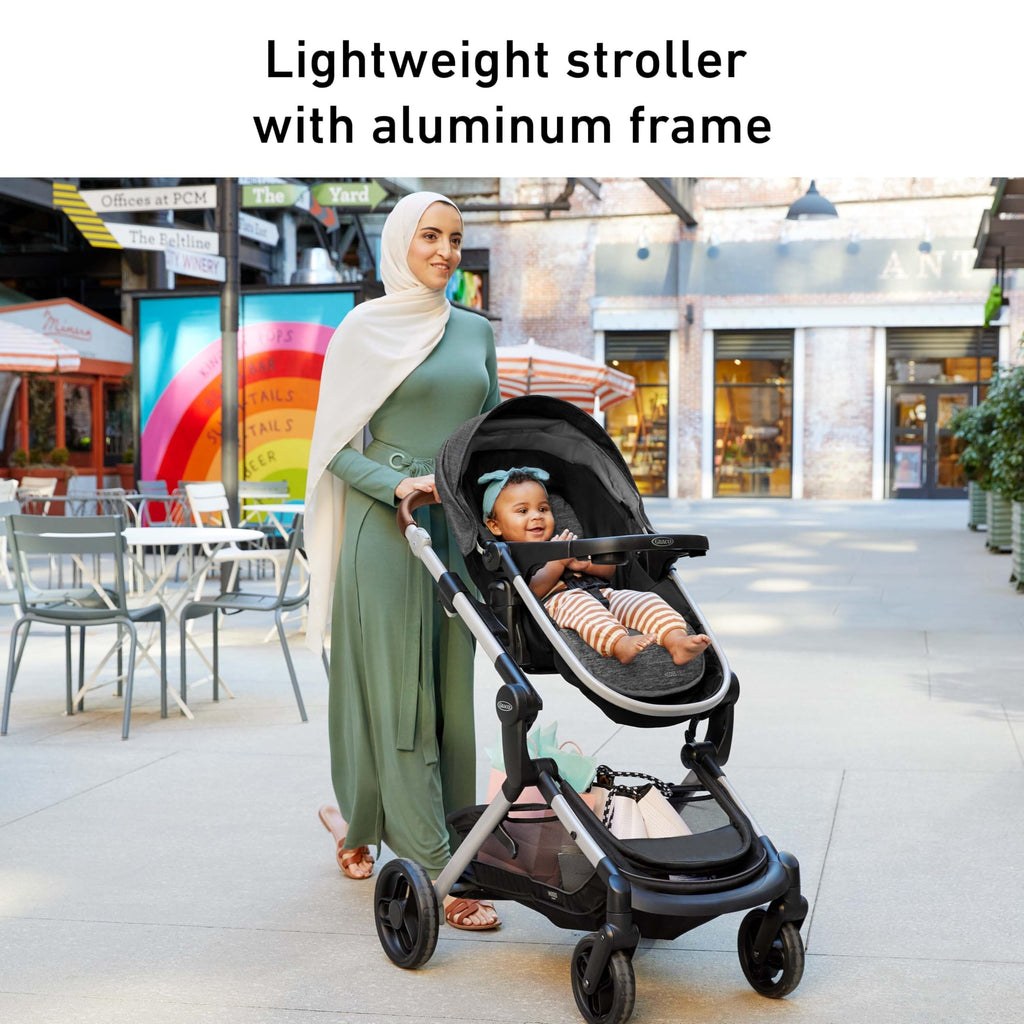 Graco Modes Nest travel system with 3-in-1 stroller, adjustable infant car seat carrier, and SnugRide DLX infant car seat.