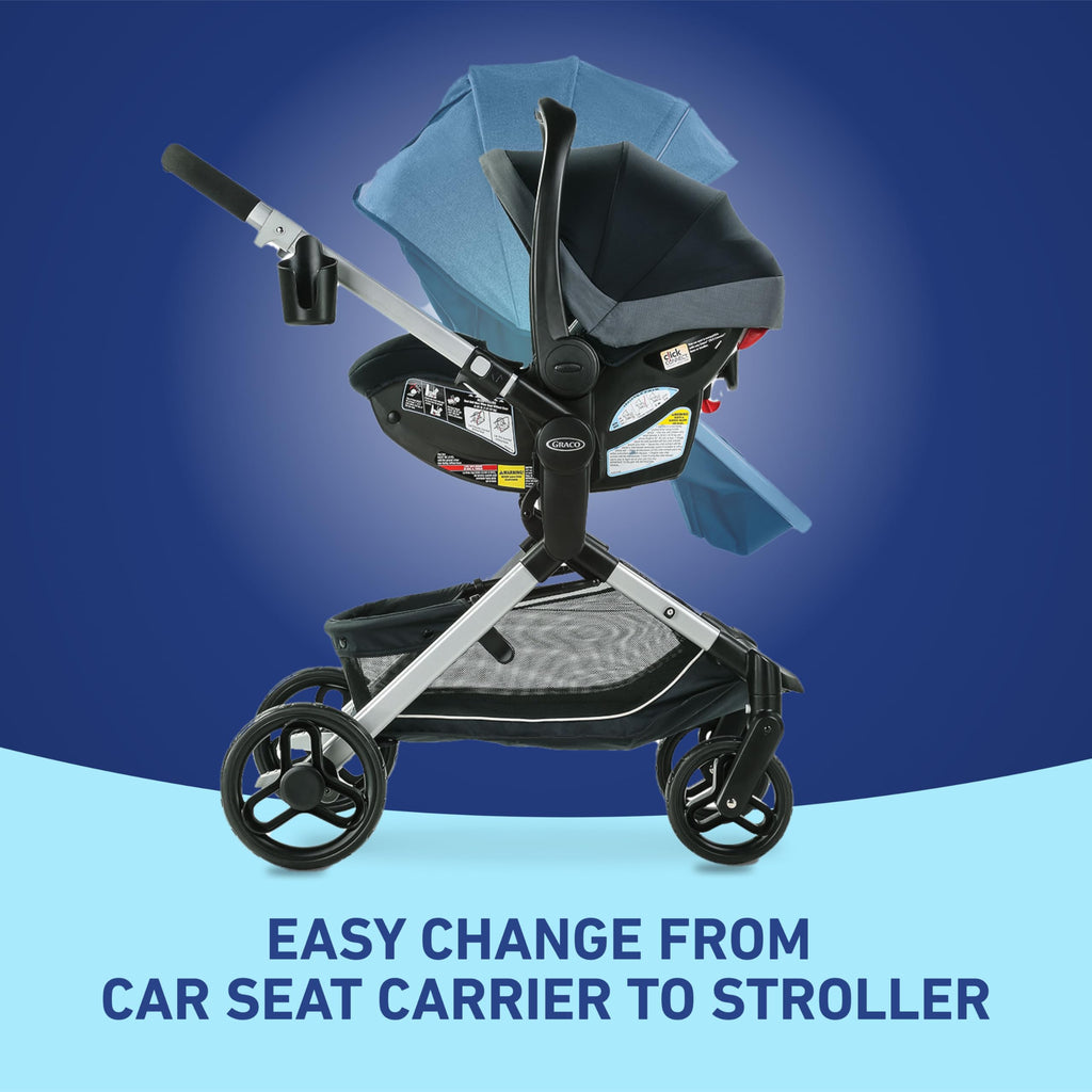 Graco Modes Nest travel system with modular stroller and SnugRide DLX infant car seat, featuring adjustable slide-in infant carrier