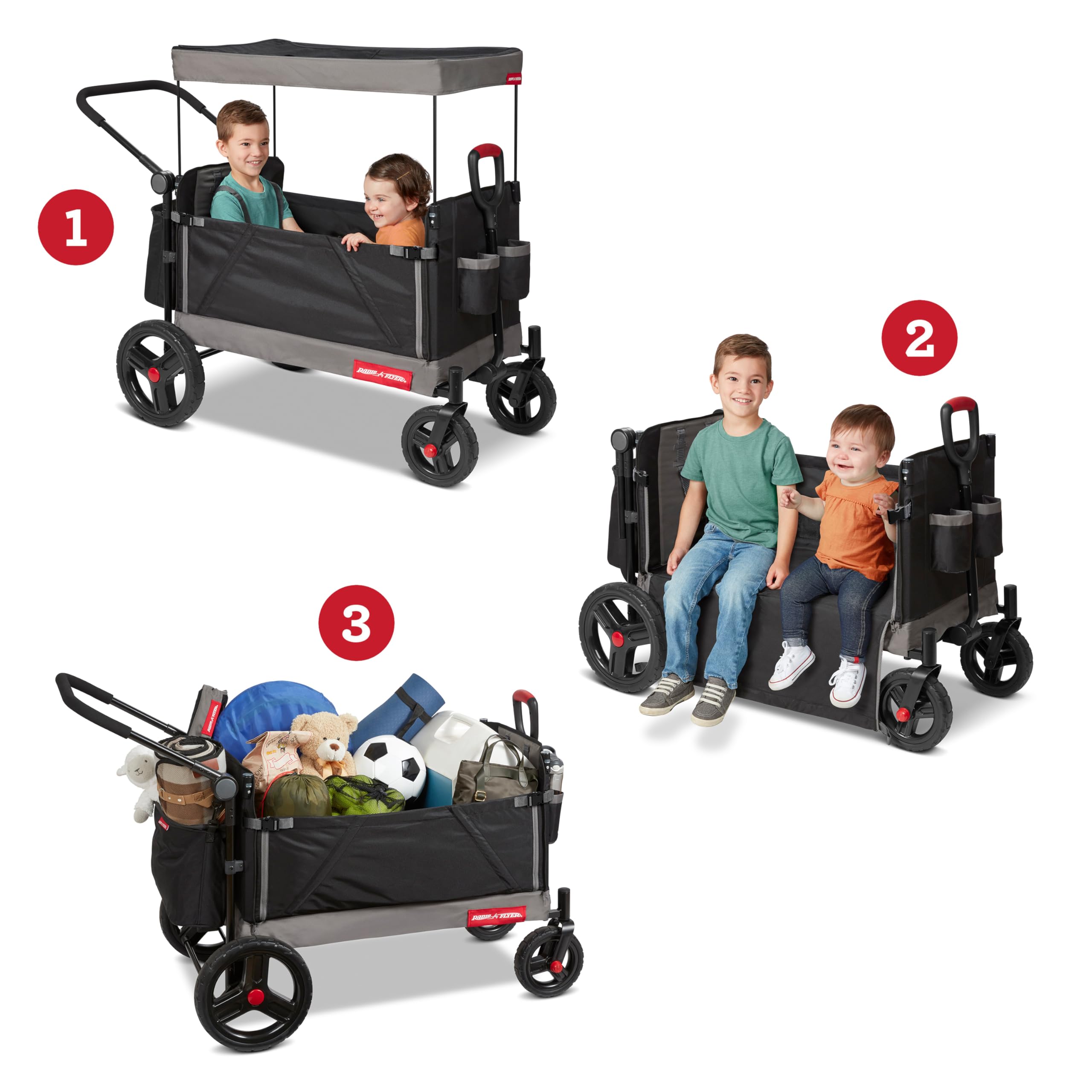 Red Radio Flyer wagon for kids and toddlers, convertible stroller and rolling cart with wheels, outdoor beach toy for ages 1+ years
