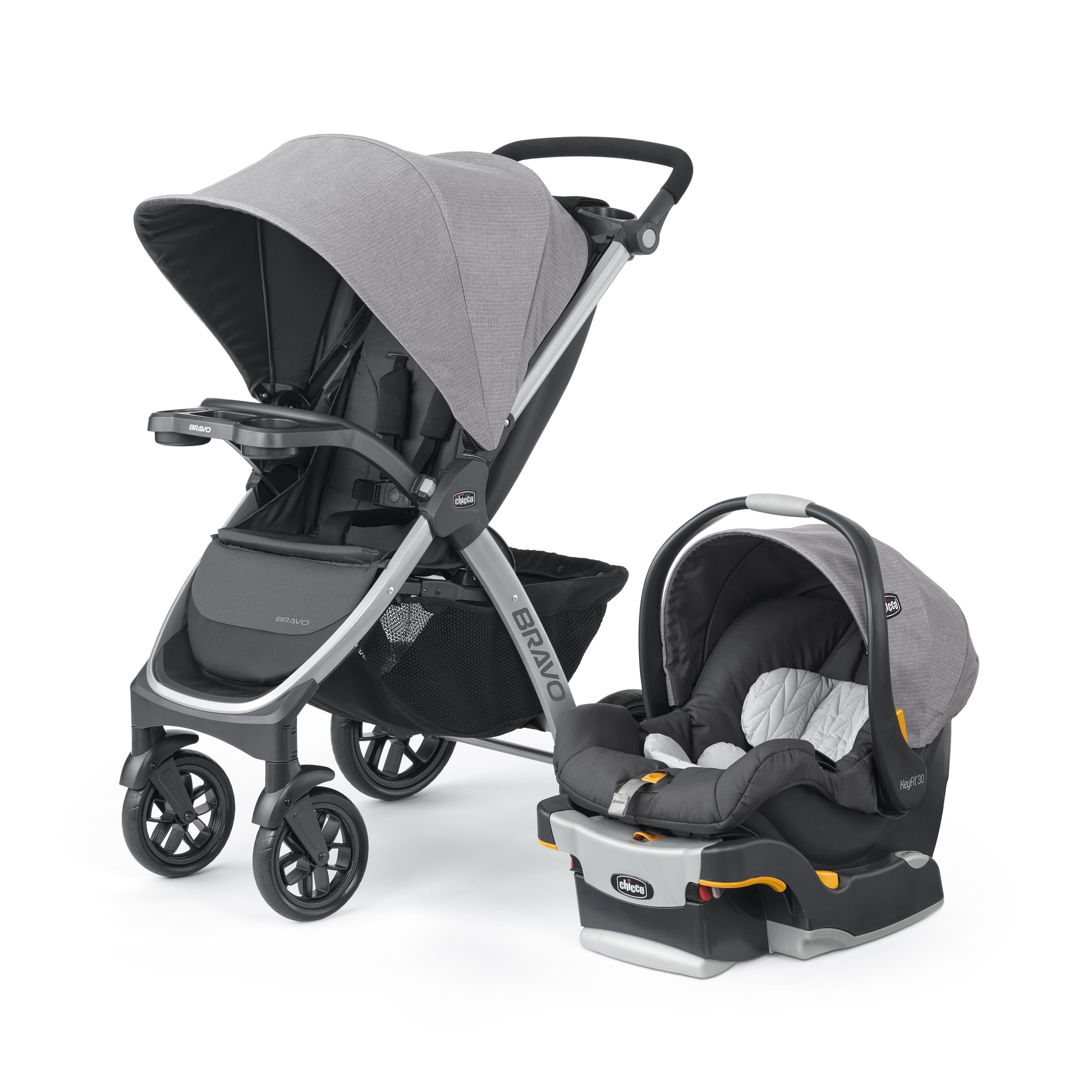 Chicco Bravo 3-in-1 travel system with quick-fold stroller, KeyFit 30 infant car seat and base, in Camden/Black color