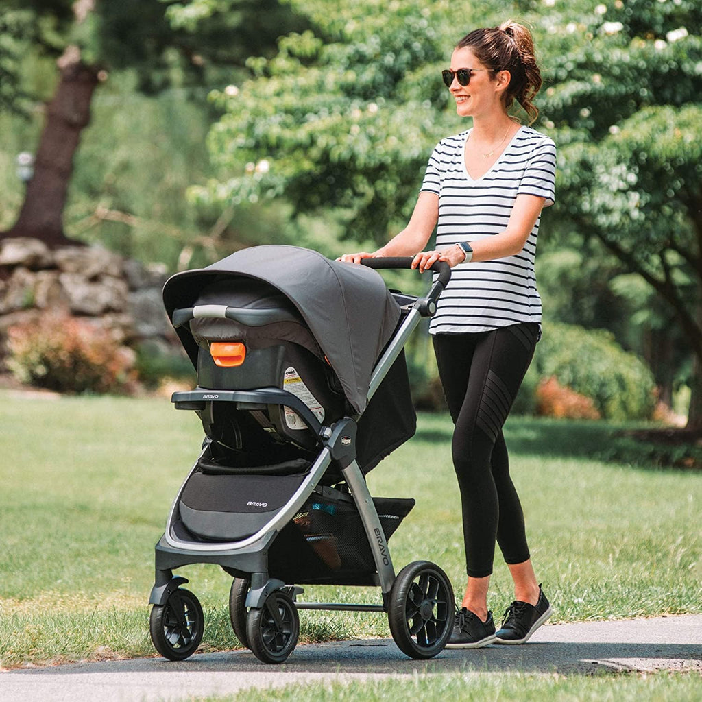 Chicco Bravo 3-in-1 travel system with quick-fold stroller, KeyFit 30 infant car seat, and base in Camden/Black color