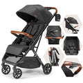 Bombi Bēbee V2 lightweight baby stroller with vegan leather, one-hand fold, XXL canopy, aluminum frame, and ample storage in Hickory color.
