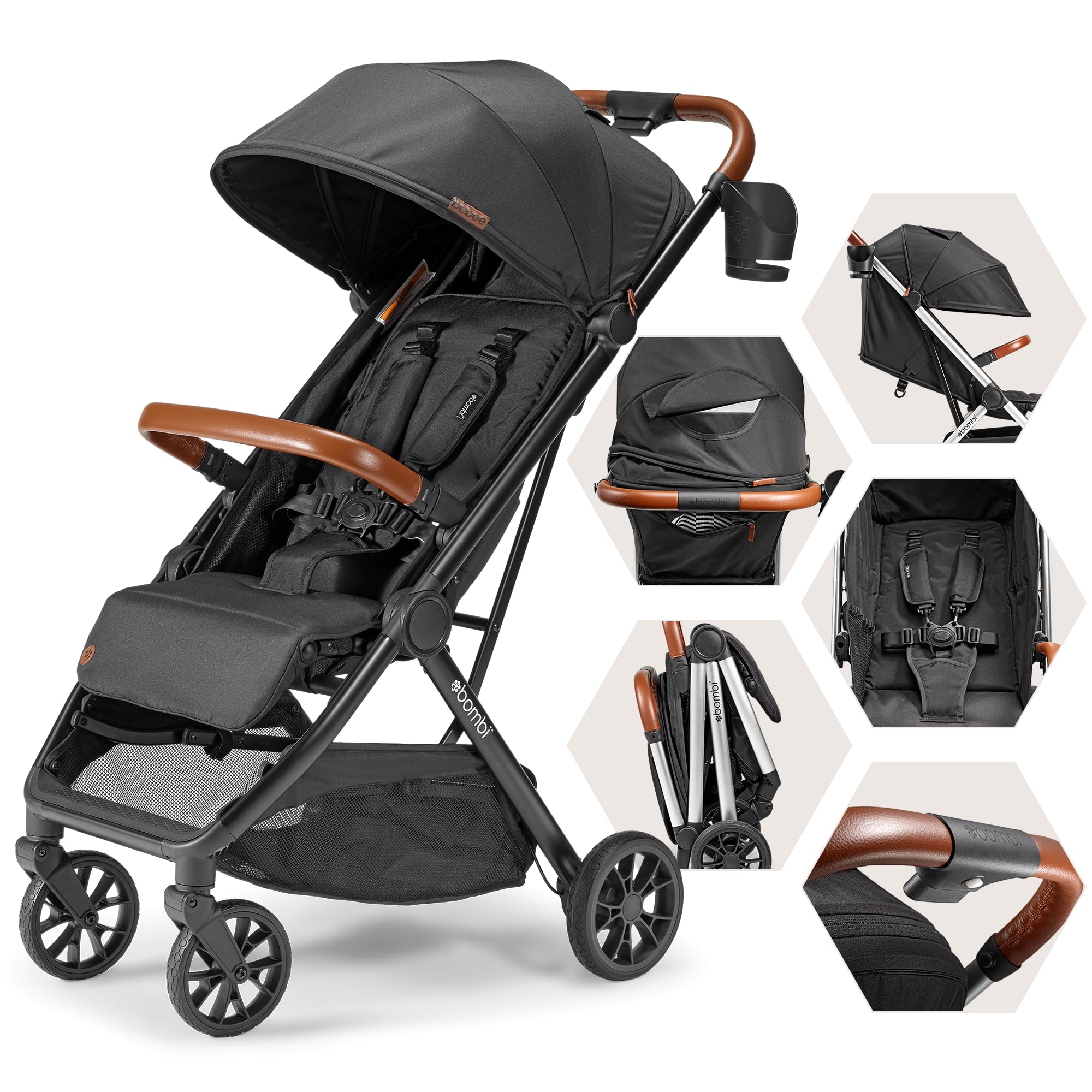Bombi Bēbee V2 lightweight baby stroller with vegan leather, one-hand fold, XXL canopy, aluminum frame, and ample storage in Hickory color.
