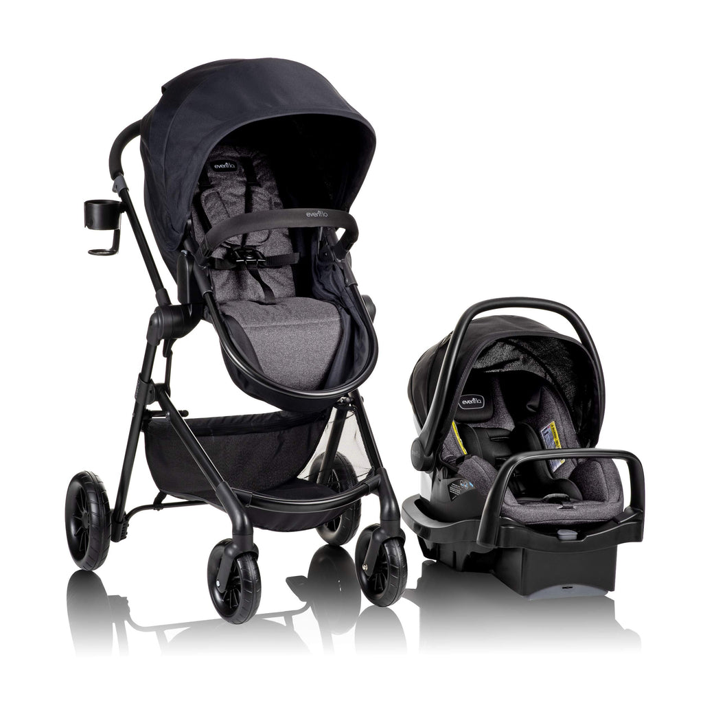 Evenflo Pivot Modular Travel System with SafeMax Car Seat, stroller with adjustable seating and safety features for infants and toddlers.