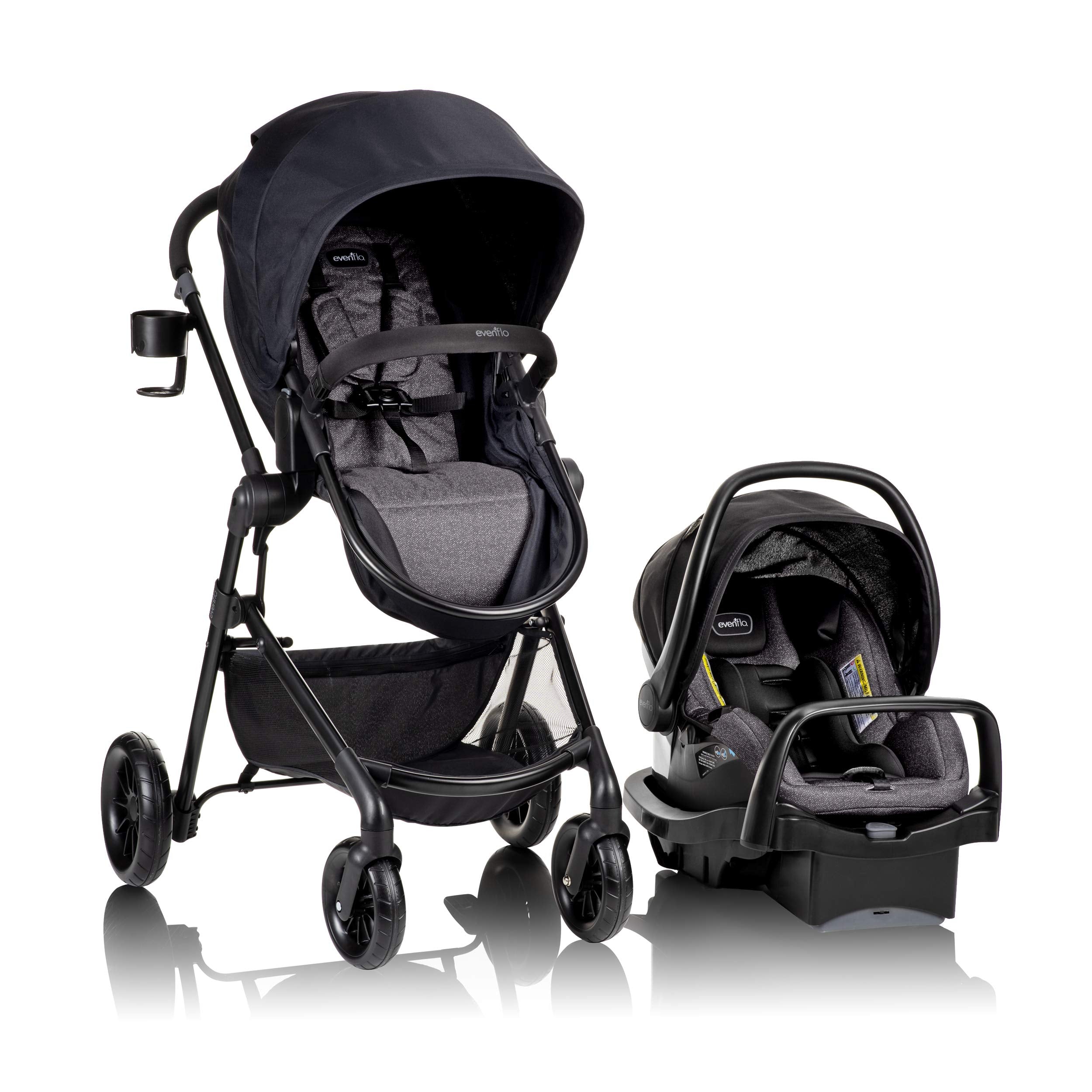 Evenflo Pivot Modular Travel System with SafeMax Car Seat, stroller with adjustable seating and safety features for infants and toddlers.