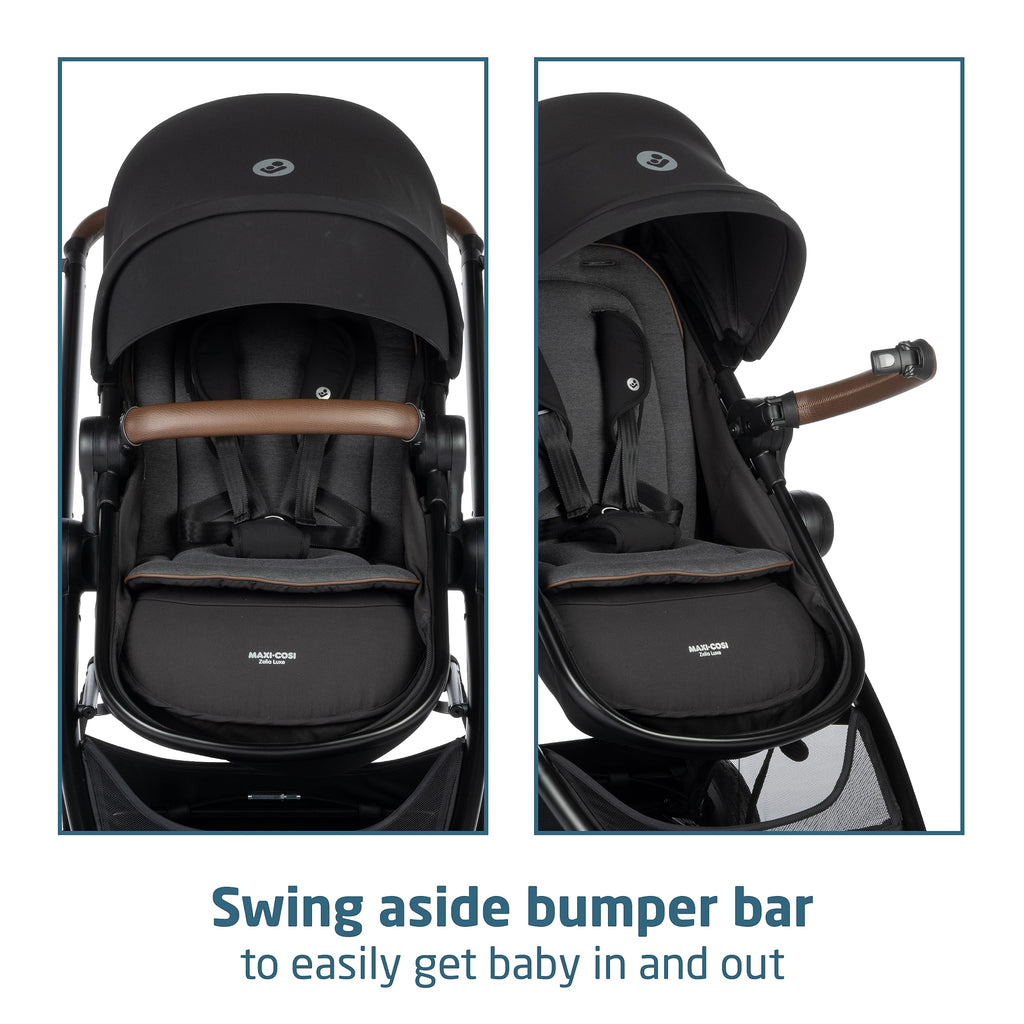 Maxi-Cosi Zelia Luxe 5-in-1 modular travel system with stroller, car seat, and accessories for versatile baby transport.