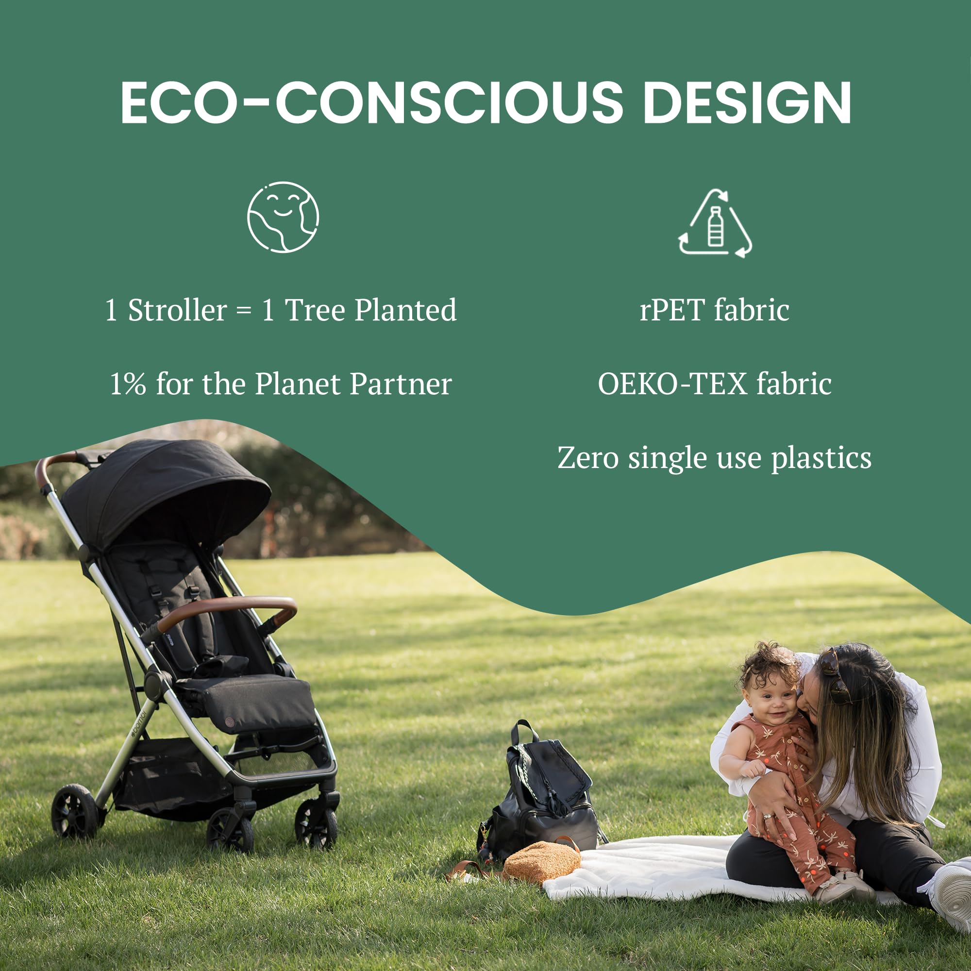 Lightweight Bombi Bēbee V2 baby stroller with vegan leather, one-hand fold, infinite recline, aircraft-grade aluminum frame, XXL canopy