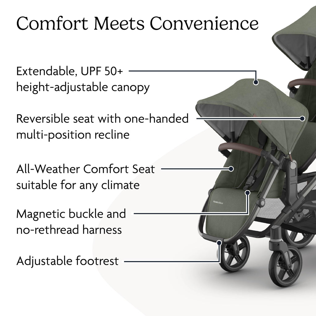 UPPAbaby RumbleSeat V3 for Vista V2 and V3, all-weather second seat with magnetic buckle in Declan Oat Mélange with silver frame.