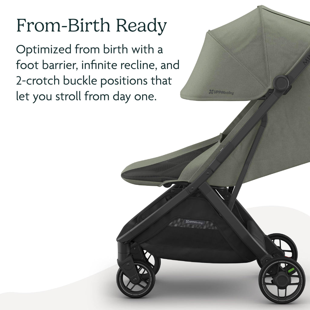UPPAbaby Minu V3 lightweight travel stroller in greyson with charcoal frame and saddle leather, showing compact fold and sleek design