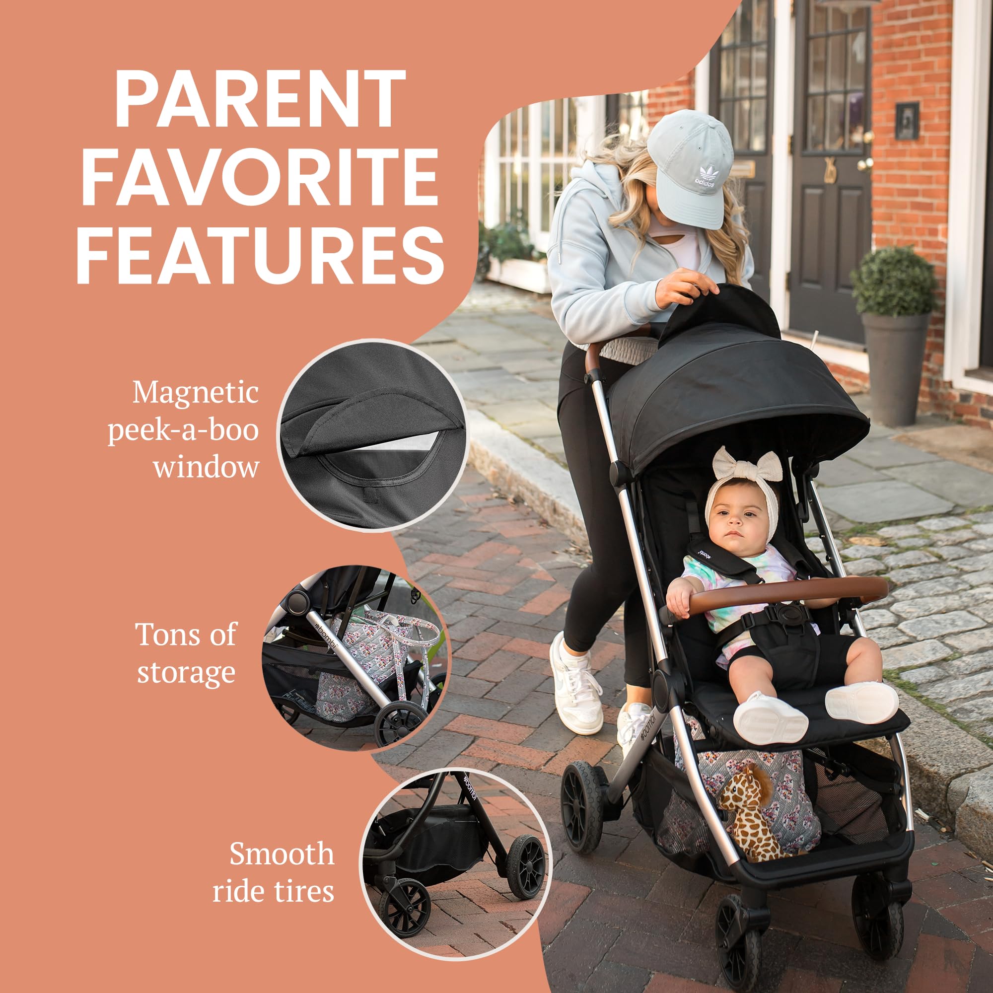 Lightweight Bombi Bēbee V2 baby stroller with vegan leather, one-hand fold, infinite recline, aluminum frame, XXL canopy, and ample storage.