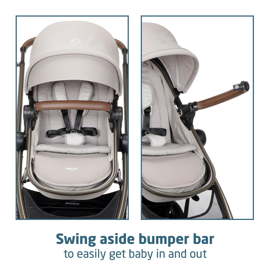 Maxi-Cosi Zelia Luxe 5-in-1 modular travel system with stroller and car seat, designed for versatile family travel.